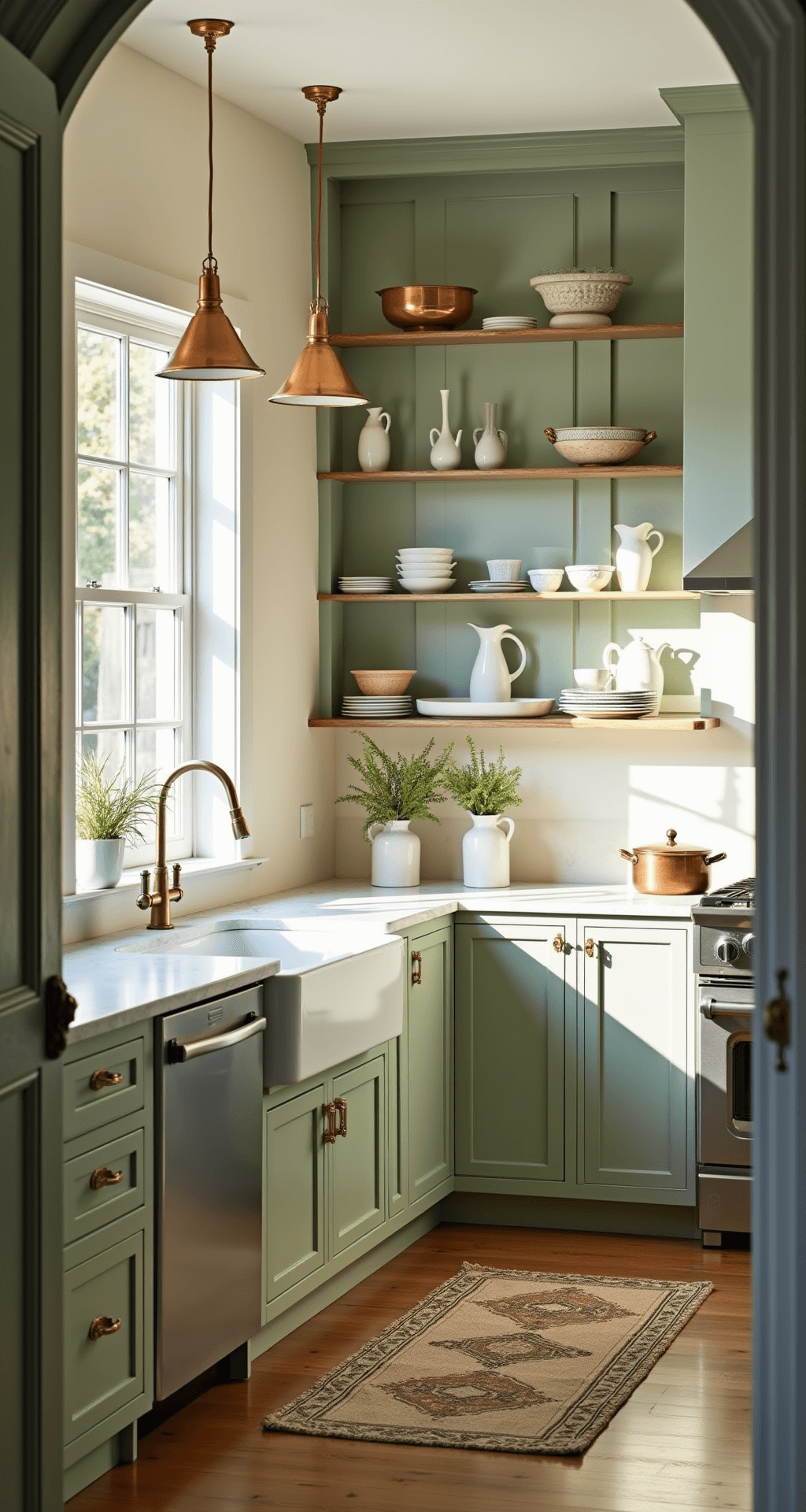 A spacious kitchen with sage green shaker cabinets, cream walls, and Carrara marble countertops, bathed in morning sunlight from large east-facing windows. The scene features a white oak island with brass pendant lights, copper cookware on open shelves, fresh herbs in white ceramic vases, and a vintage runner.