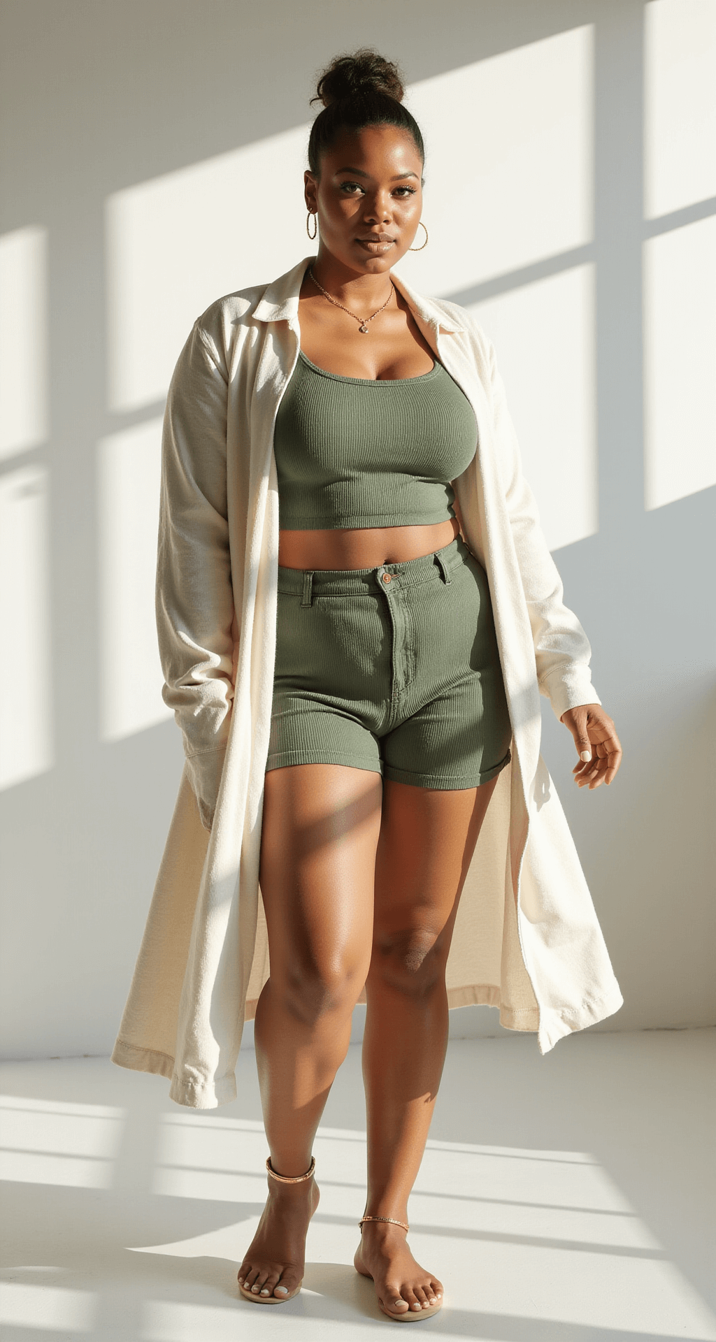 A plus-size model poses in a minimalist white studio, showcasing a sage green ribbed crop top and high-waisted biker shorts, layered with a flowing cream linen duster. Her hair is styled in a sleek high bun, complemented by delicate gold jewelry. The shot is taken from a 3/4 angle, capturing the duster's movement and soft shadows that add depth, with professional lighting highlighting the texture of the fabrics.