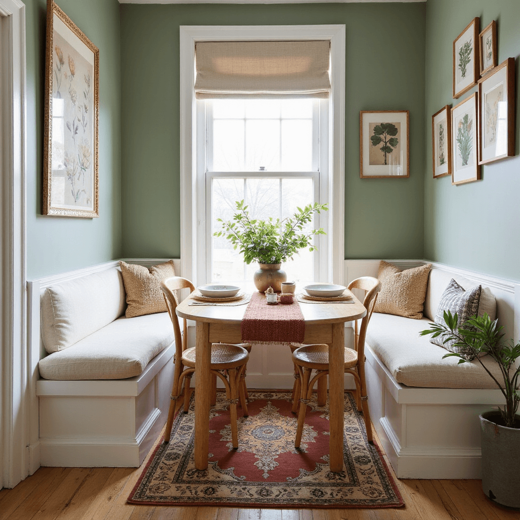 A cozy dining nook featuring a space-saving oval bleached oak table, a built-in window bench upholstered in cream bouclé, and two rattan chairs, bathed in morning light through roman blinds. The sage green walls are adorned with a gallery wall of brass-framed botanical prints, complemented by a vintage Persian runner and styled with woven placemats and a eucalyptus-filled ceramic vase.