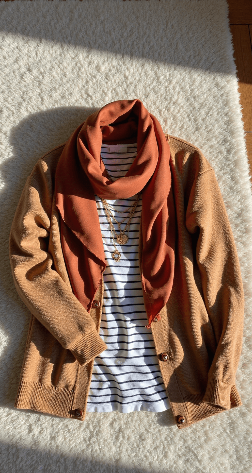 A vibrant mid-morning living room scene featuring a laid-out mix of fashion pieces on a plush cream carpet, including a rust-colored silk scarf, camel cardigan, striped cotton tee, and delicate gold necklaces, arranged thoughtfully to convey a casual yet stylish ambiance, with soft shadows enhancing the depth.