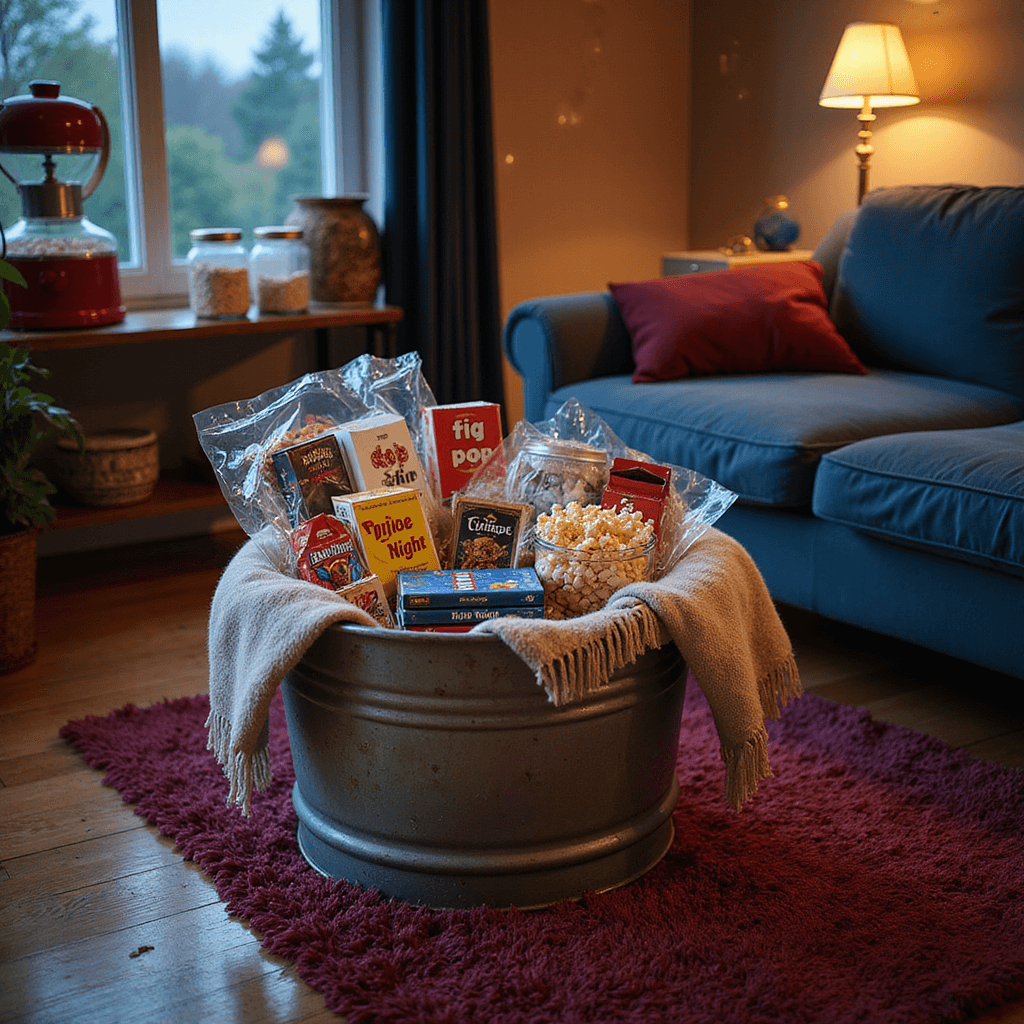 A cozy living room corner with warm string lights, featuring a distressed metal tub filled with a 'Movie Night' gift basket, vintage popcorn boxes, colorful candies, classic DVDs, and a cozy throw blanket. Deep blue and burgundy decor with brass accents and a vintage popcorn maker on a side table.