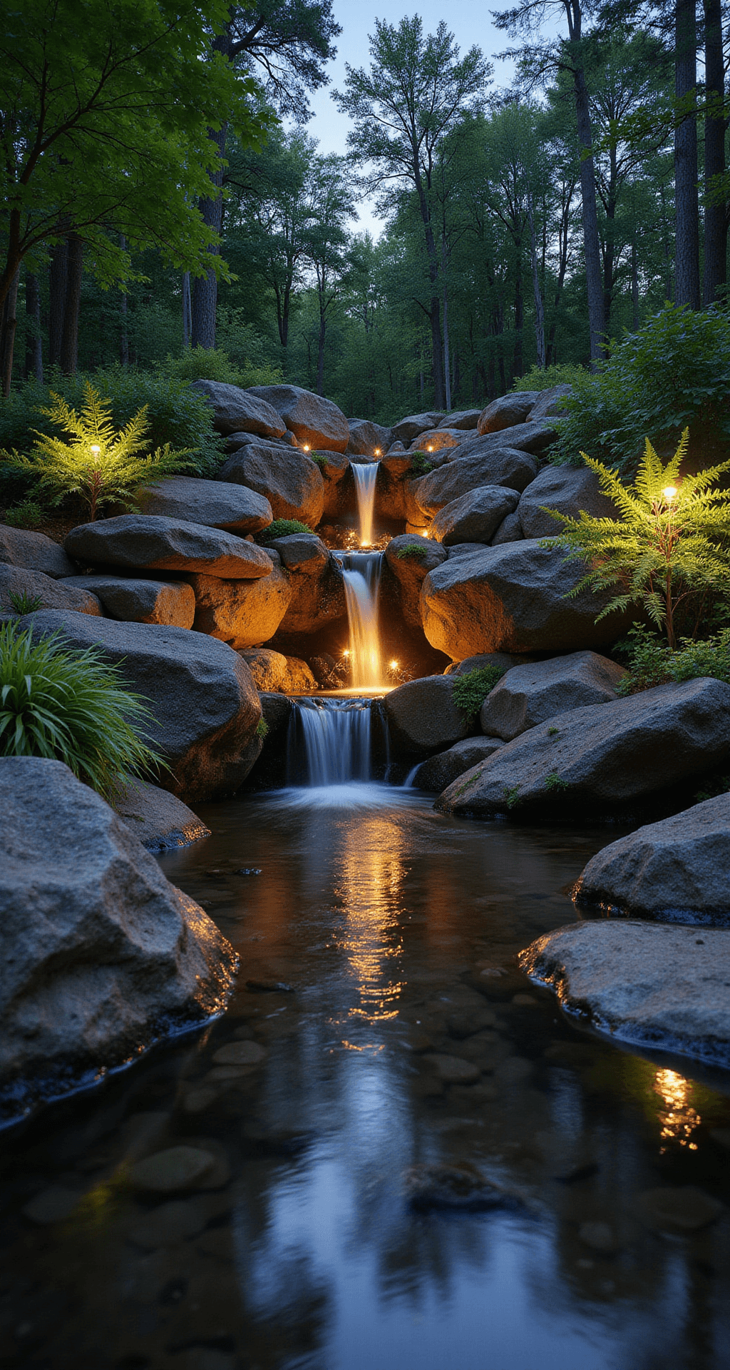 Low-angle shot of a dusky woodland garden featuring a multi-level stone waterfall surrounded by native ferns and moss, illuminated by LED uplights, with water cascading into a deep reflection pool.