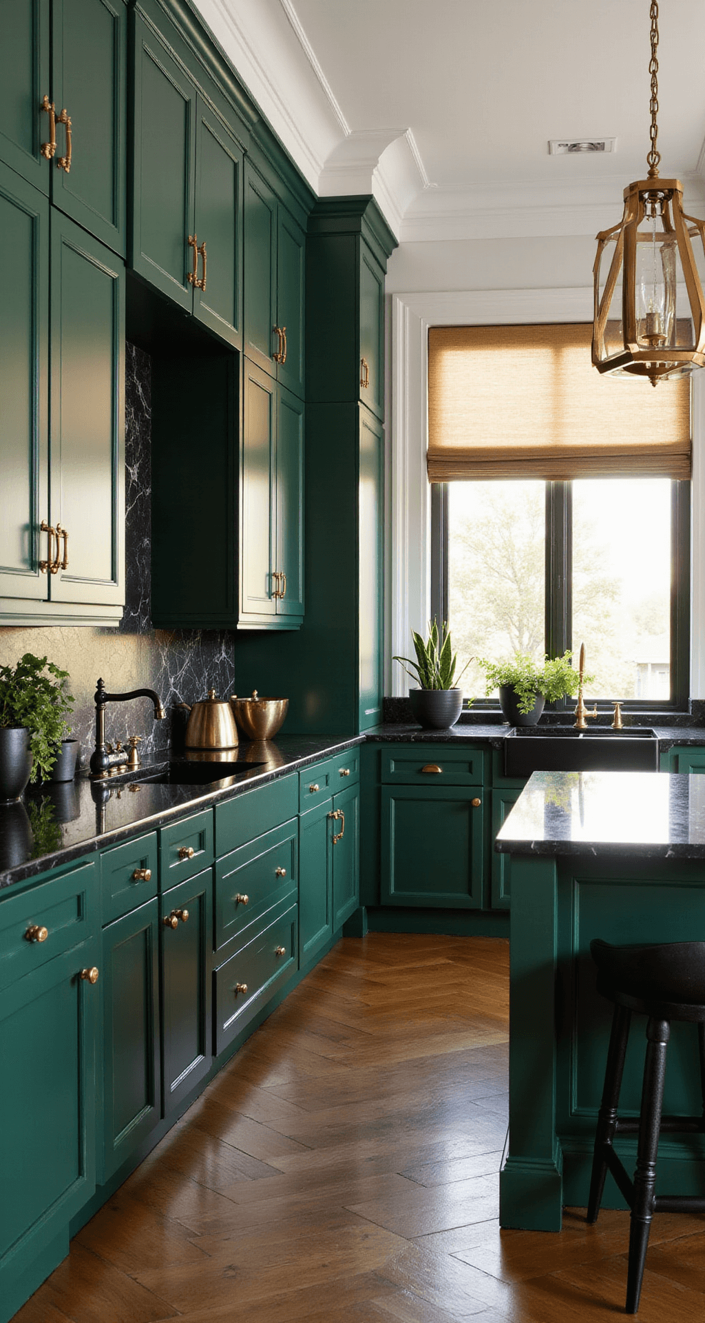 An elegant L-shaped kitchen with emerald green high-gloss cabinets and brass hardware, featuring black marble countertops and a geometric brass chandelier, styled with black matte ceramics and pothos plants, viewed from counter height towards the dining area during golden hour.