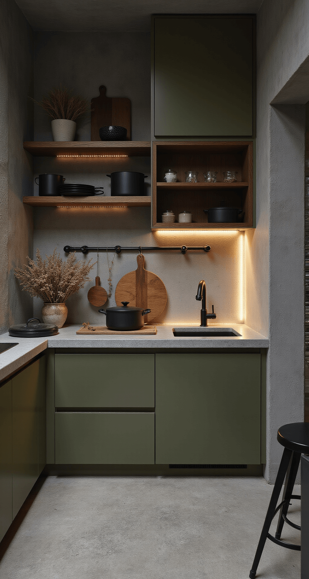 Intimate galley kitchen featuring olive green flat-panel cabinets and walnut open shelving, highlighted by concrete countertops and industrial black pipe hardware, captured in moody blue hour lighting with warm under-cabinet LEDs, styled with vintage cutting boards and matte black cookware.