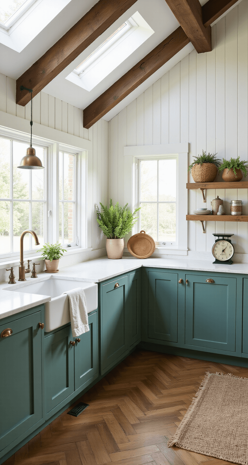 Sun-drenched modern farmhouse kitchen featuring vaulted ceiling and exposed beams, forest green beadboard cabinets, white quartz countertops, herringbone wood floors, and antique brass fixtures, with morning light streaming through skylights and styled with woven baskets, vintage scales, and potted ferns.