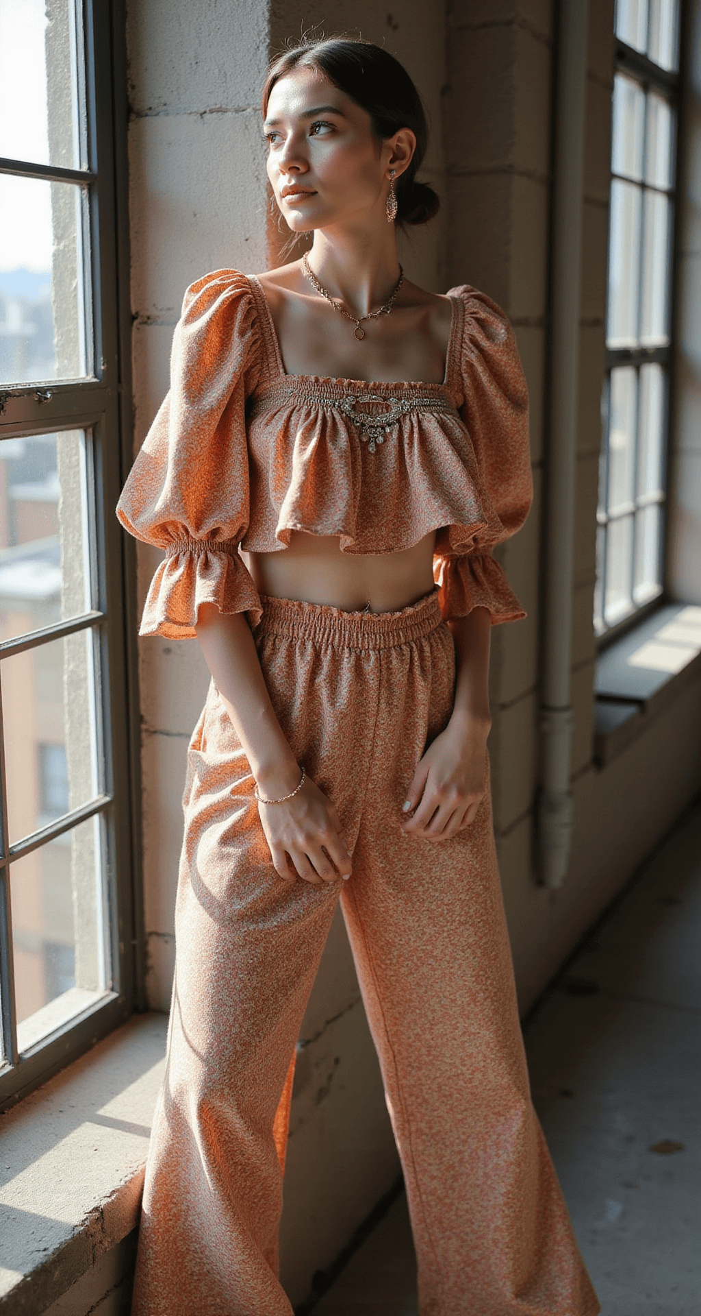 A model in a floral print two-piece set stands near a floor-to-ceiling window in an industrial loft, with afternoon light accentuating textured ruffles and minimal gold jewelry, creating striking natural shadows and highlighting both the architectural details and outfit design.