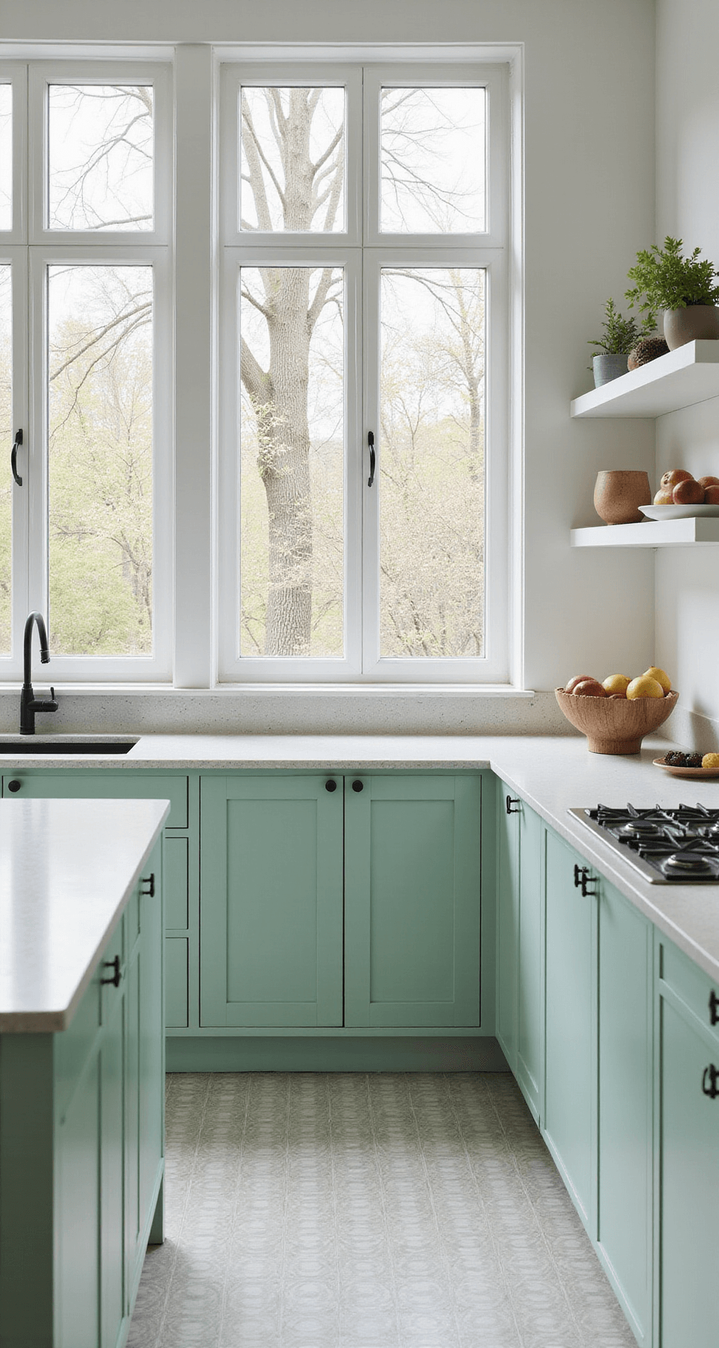 A minimalist Nordic kitchen featuring mint green slab-front cabinets and terrazzo countertops, illuminated by double-height windows. The design includes handleless cabinets, floating white oak shelves, and a geometric floor pattern. Styled with Scandinavian ceramics, linen textiles, and a sculptural fruit bowl, highlighting subtle color variations in the cabinet finish.