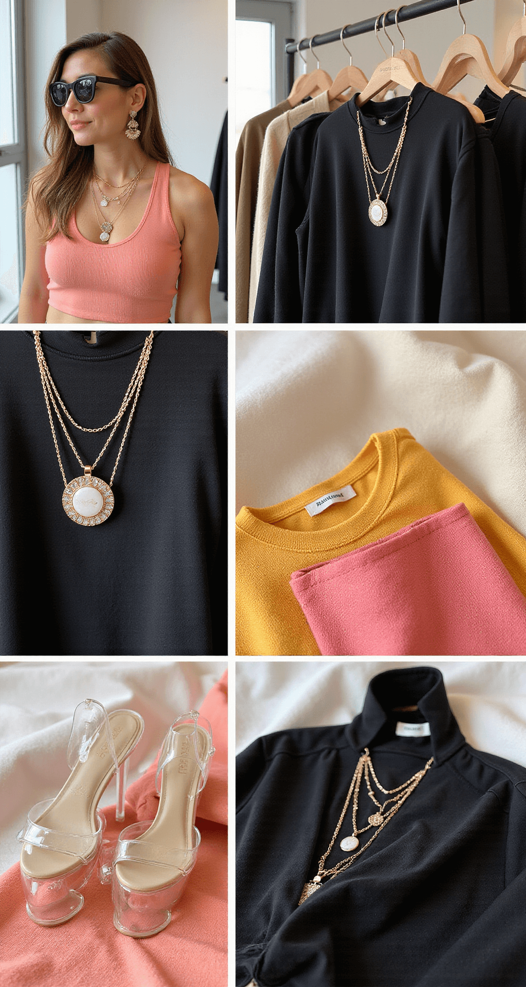 Upscale boutique dressing room featuring soft overhead lighting, showcasing layered necklaces, statement sunglasses, and clear strappy heels. Close-up details highlight cotton, linen, and stretch materials in black and vibrant summer colors, with flatlay compositions and hanging garments emphasizing style combinations and accessories.
