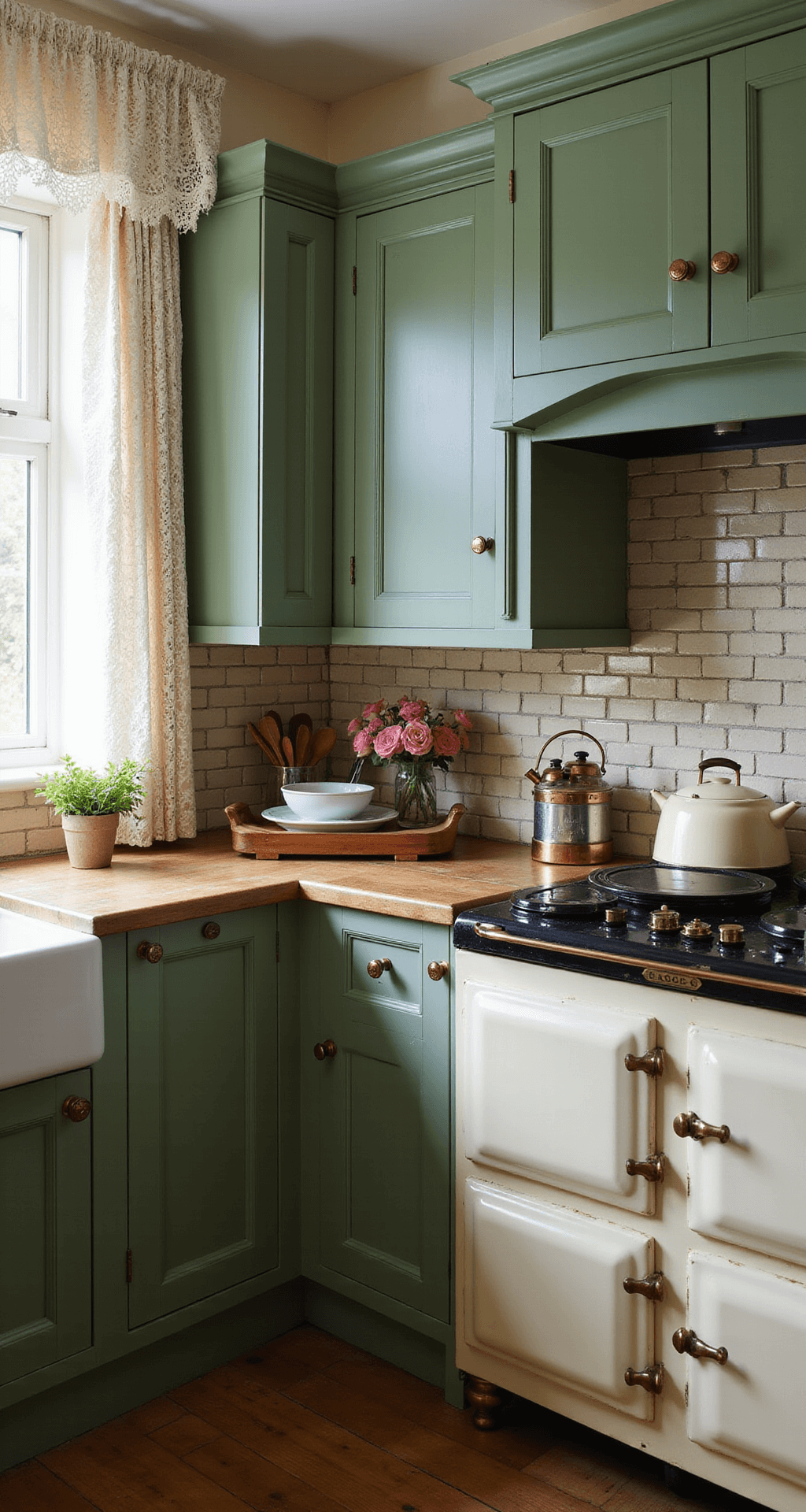 Cozy cottage kitchen featuring hunter green raised-panel cabinets, a cream AGA range, and a textured subway tile backsplash. Warm afternoon light filters through lace curtains, highlighting vintage copper hardware and English ironstone collection, alongside fresh flowers and wooden utensils for a lived-in atmosphere.