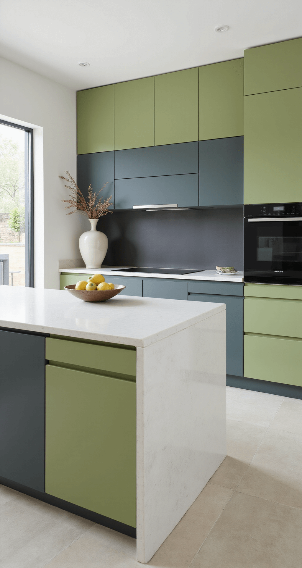 Contemporary open-concept kitchen with two-tone pistachio and charcoal green cabinets, white engineered stone waterfall island, and diffused natural light from floor-to-ceiling windows, styled with minimal accessories.