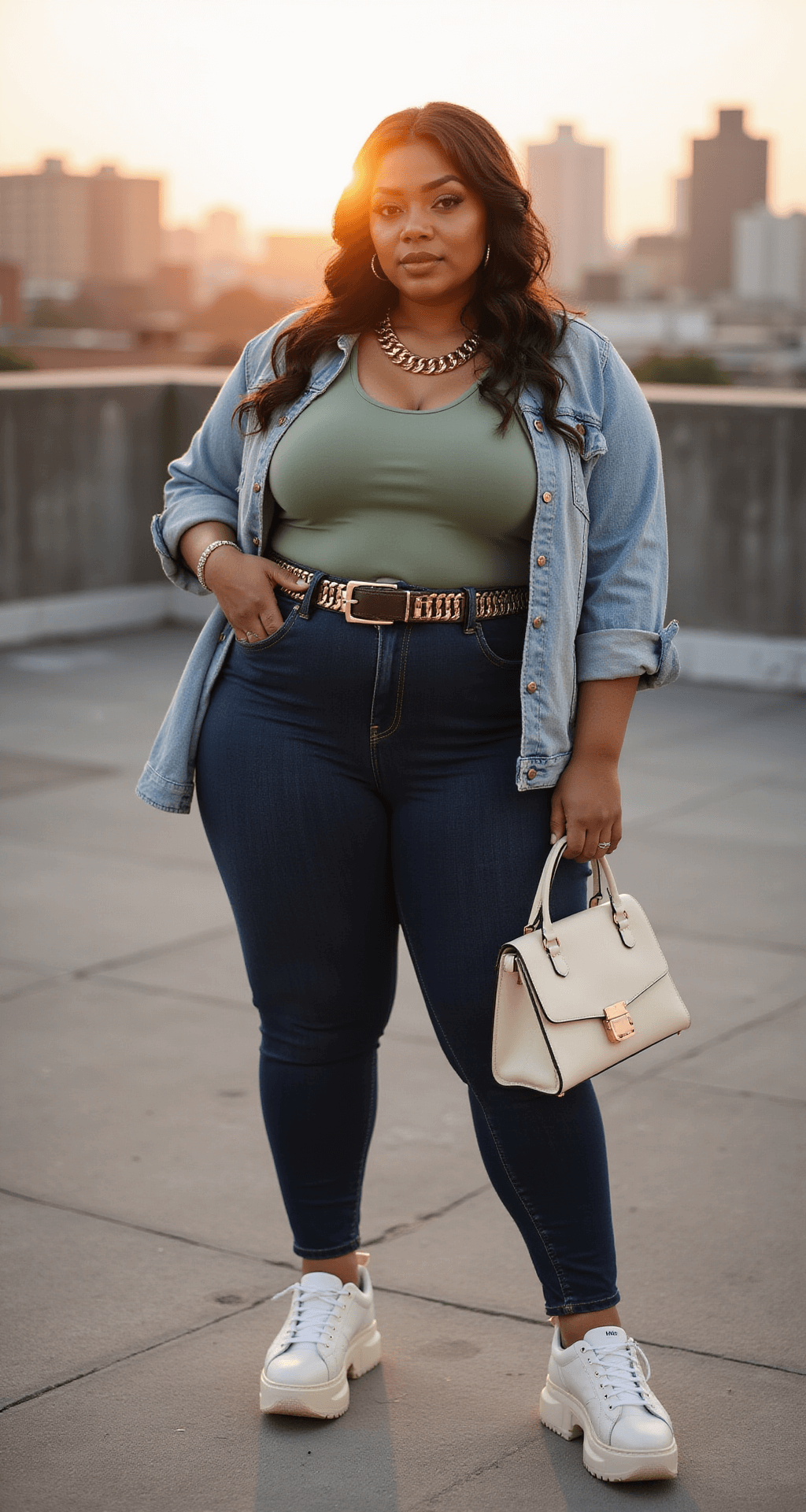 A confident plus-size model poses in a sun-drenched urban rooftop at golden hour, wearing high-waisted dark wash mom jeans, a fitted sage green bodysuit, and an oversized light wash denim jacket. Her silhouette is enhanced from a low angle, backlit for a soft halo effect. Accessories include a chunky gold chain belt and matching jewelry, with platform white sneakers and a cream leather shoulder bag completing the stylish look against the city skyline.