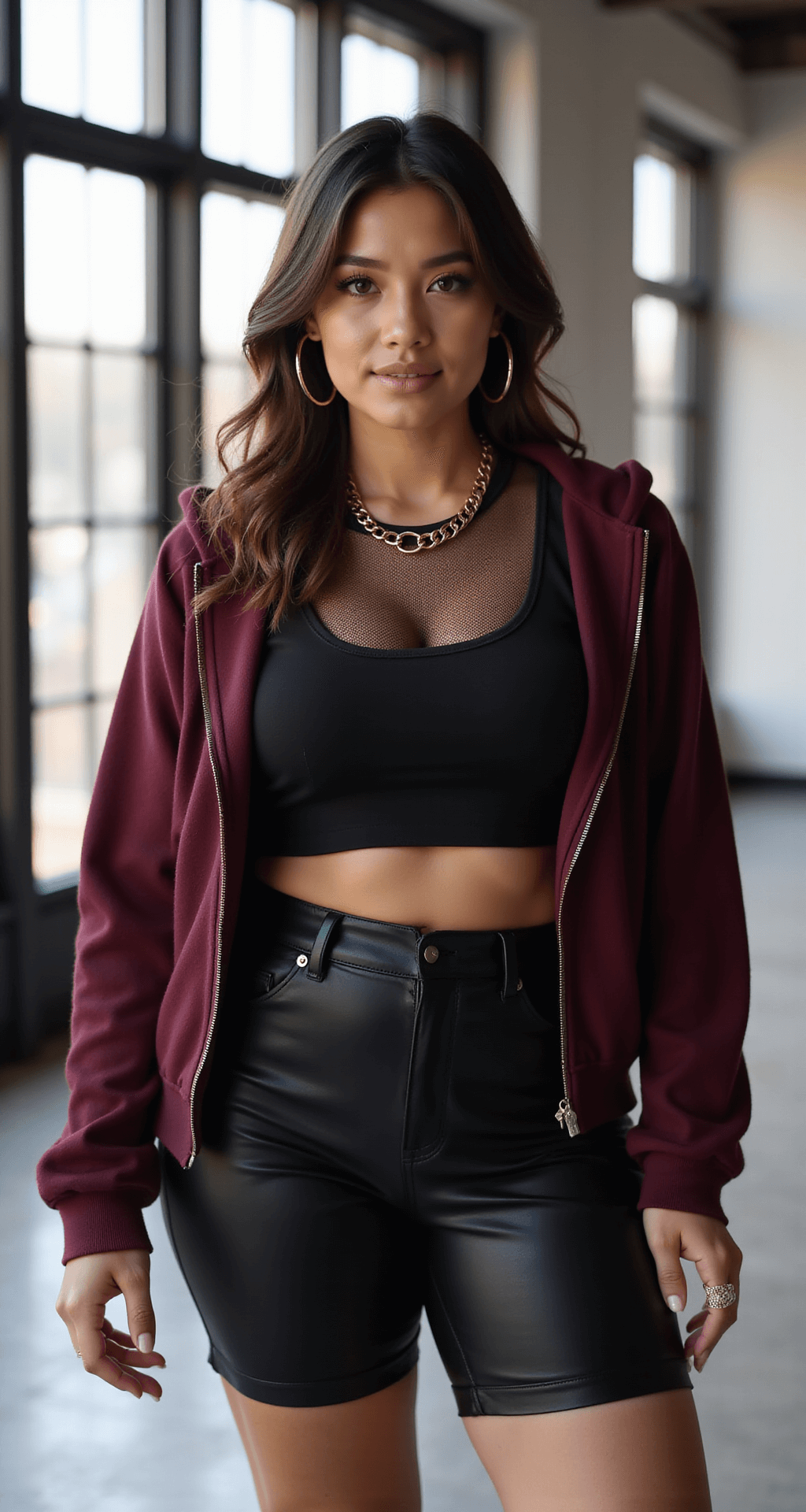 A plus-size model showcases a layered outfit in a minimalist industrial-style loft, featuring a black mesh long-sleeve top under a cropped burgundy hoodie and high-waisted black biker shorts. Morning light floods through floor-to-ceiling windows, highlighting chunky gold hoop earrings and a contemporary chain necklace. The model's natural makeup and glossy lips complement her loose waves hairstyle.