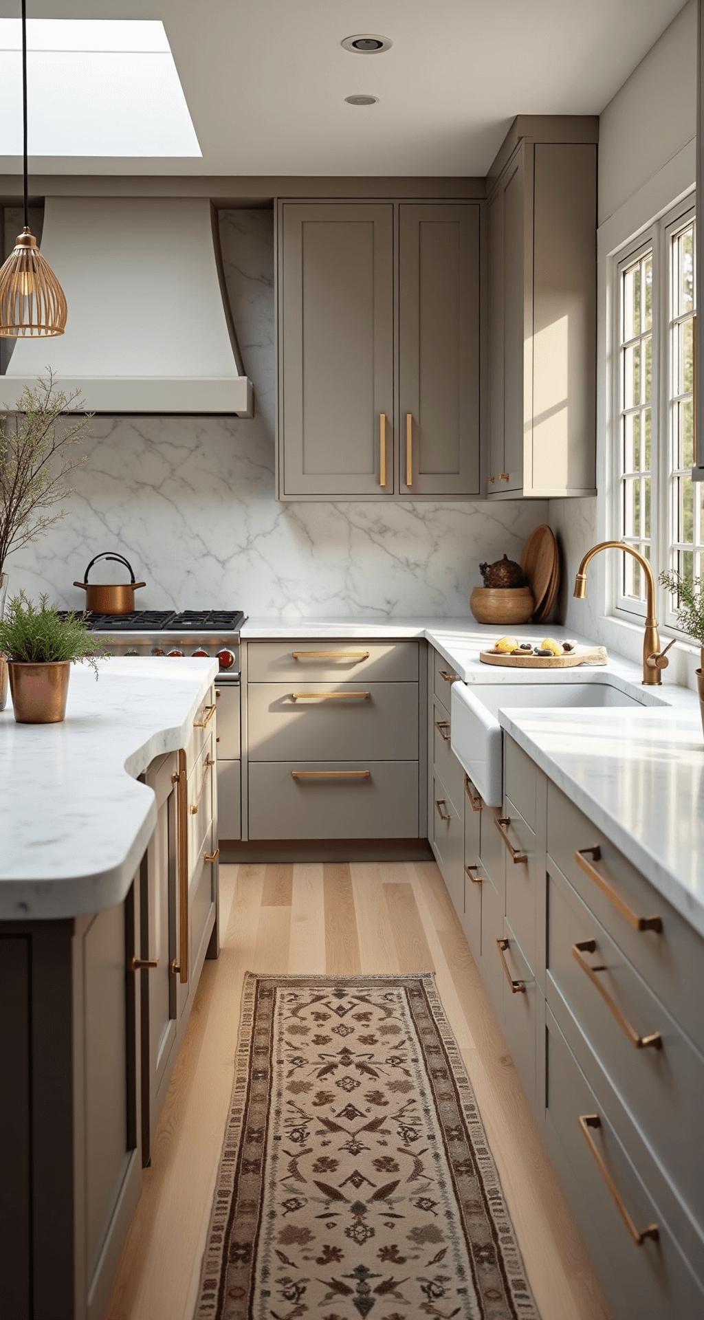 A modern kitchen featuring light taupe cabinets with brass hardware, veined white quartz countertops, and a large central island with a waterfall edge, all illuminated by morning light through floor-to-ceiling windows, with natural white oak flooring and decorative elements like artisan ceramics and fresh herbs.