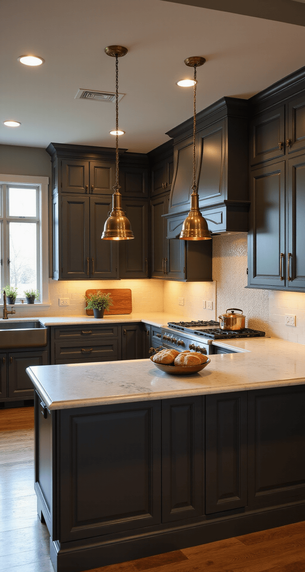 Corner kitchen at golden hour featuring dark taupe cabinets, 10ft tray ceilings, antique brass pendant lights over a marble island, and cream zellige tile backsplash, styled with copper cookware and trailing ivy plants.