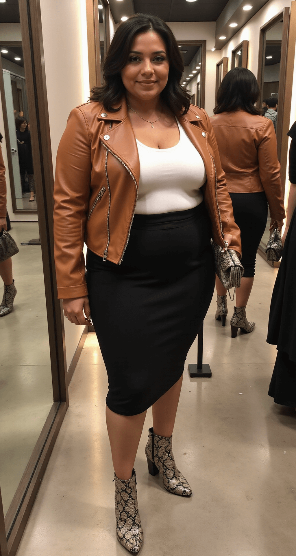 A plus-size model in a boutique dressing room admires her reflection in full-length mirrors while trying on a brown faux leather moto jacket over a white bodysuit and high-waisted black skirt, accessorized with snake-print boots and a metallic clutch, all under warm ambient lighting.