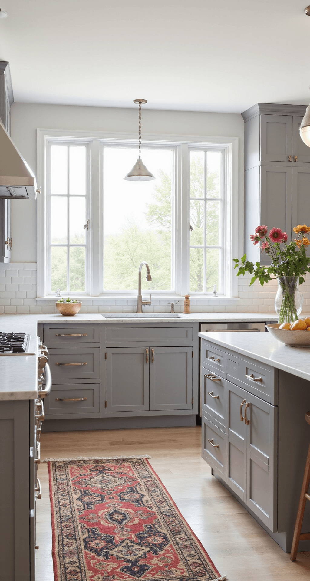 Bright, spacious kitchen with medium taupe shaker cabinets, white subway tile backsplash, and double-height windows, featuring a vintage Persian runner and marble fruit bowl, illuminated by diffused afternoon light and balanced artificial lighting.