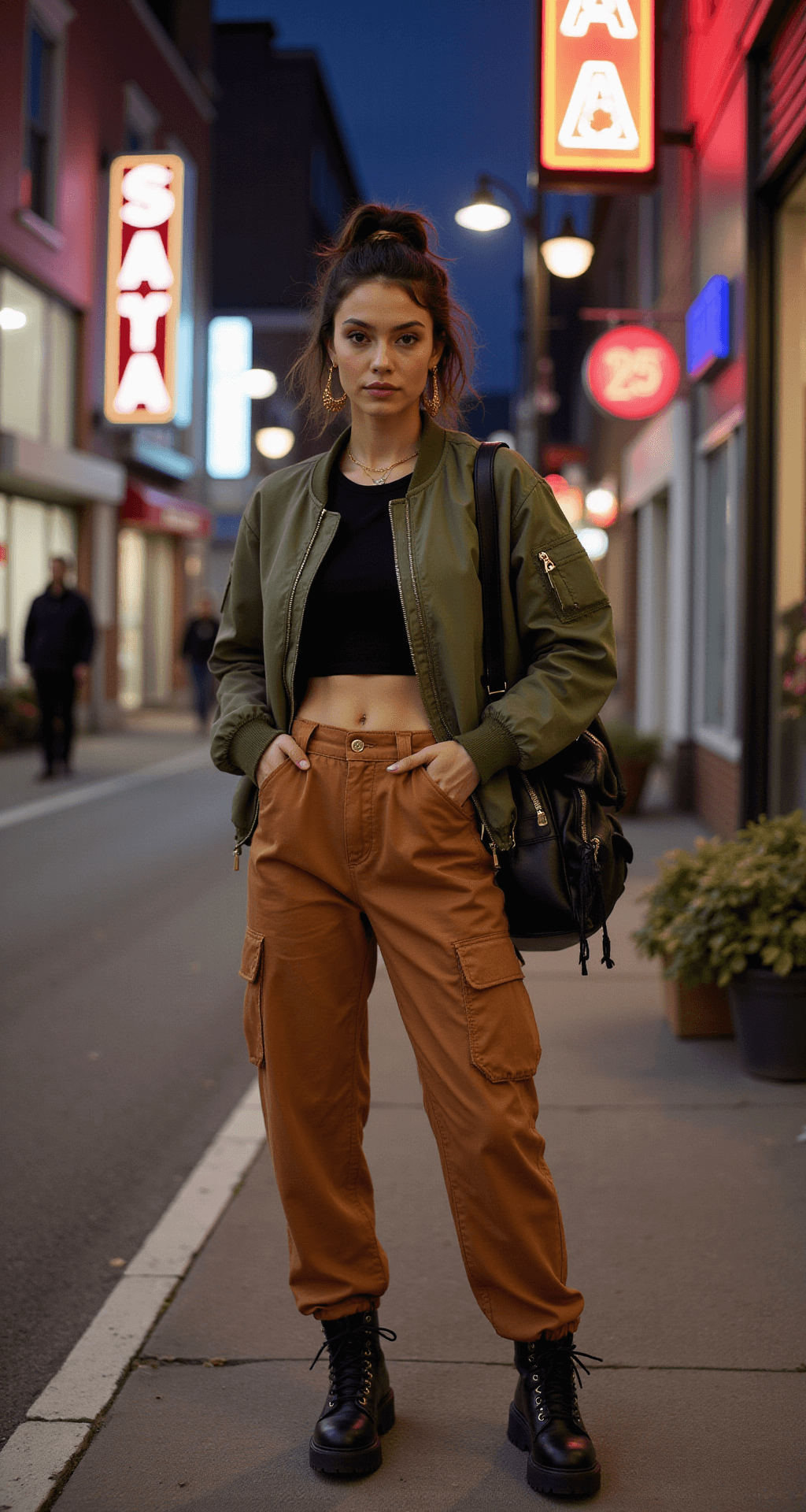 A model stands at a street corner in a trendy neighborhood at dusk, wearing an oversized olive bomber jacket, fitted black crop top, and high-waisted caramel cargo pants. She completes her look with chunky platform combat boots and a mini black leather backpack. Her sleek high ponytail and minimal gold jewelry, including stackable rings, complement the atmospheric neon lighting.