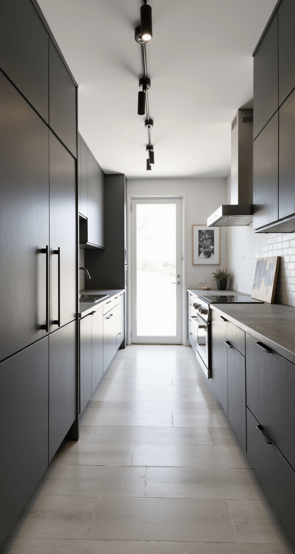 Minimalist galley kitchen featuring gray-taupe flat-panel cabinets, modern track lighting, stainless steel appliances, and concrete countertops, styled with Scandinavian accessories and monochrome art under cool morning light.