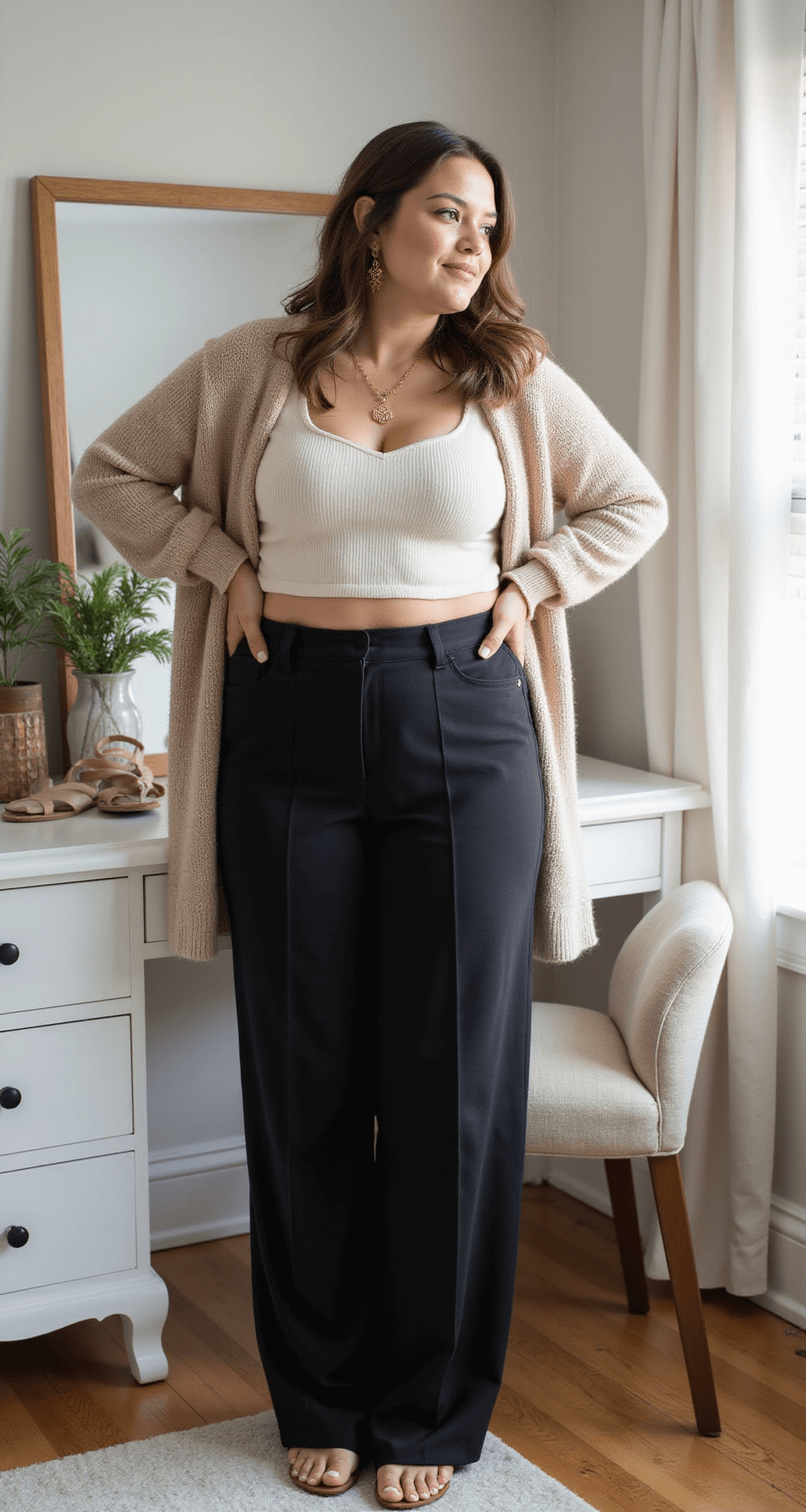 A plus-size model carefully arranges her capsule wardrobe in a cozy home studio, surrounded by soft afternoon light. She wears black high-waisted wide-leg pants, a cream ribbed crop top, and an oversized beige cardigan, with mixed metal jewelry displayed on a nearby vanity.