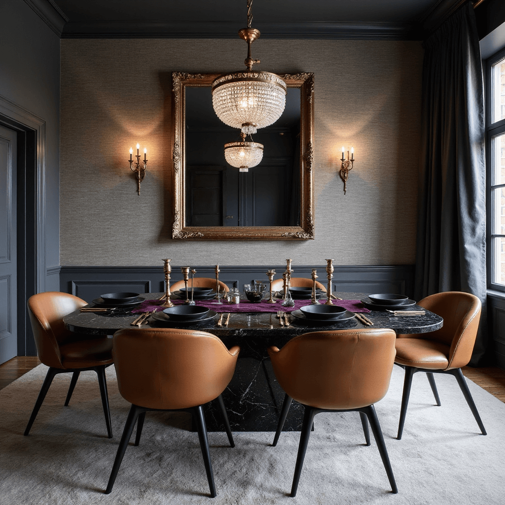 A sophisticated open-concept dining space featuring a dramatic black marble table surrounded by cognac leather chairs, illuminated by dusk lighting and uplighting that highlights charcoal grasscloth wallpaper. An antiqued mirror reflects a contemporary crystal chandelier, while luxe styling elements like brass candlesticks, black stoneware, and a deep purple velvet table runner add elegance.