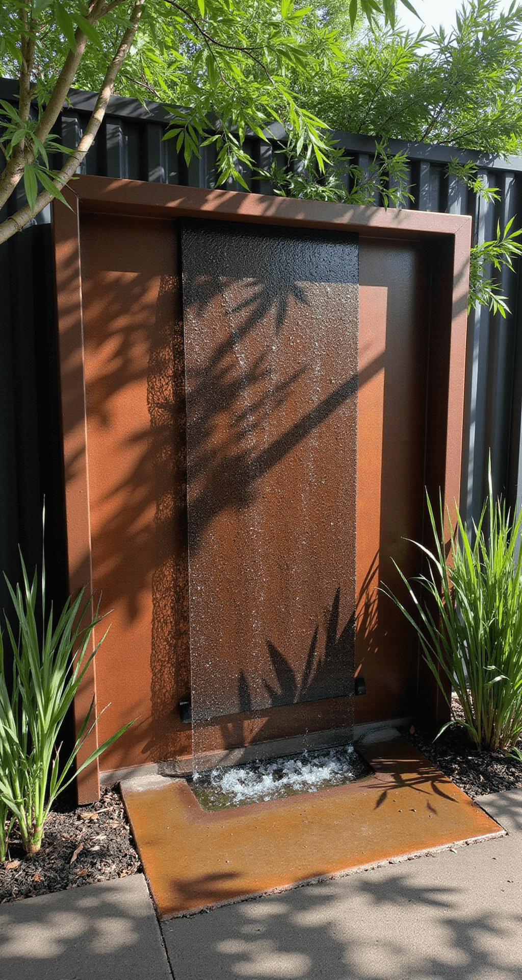 Intimate garden scene featuring a modern corten steel water wall, 5'x3', reflecting sunlight and creating abstract water patterns, surrounded by architectural grasses and black bamboo, highlighting warm rust tones.