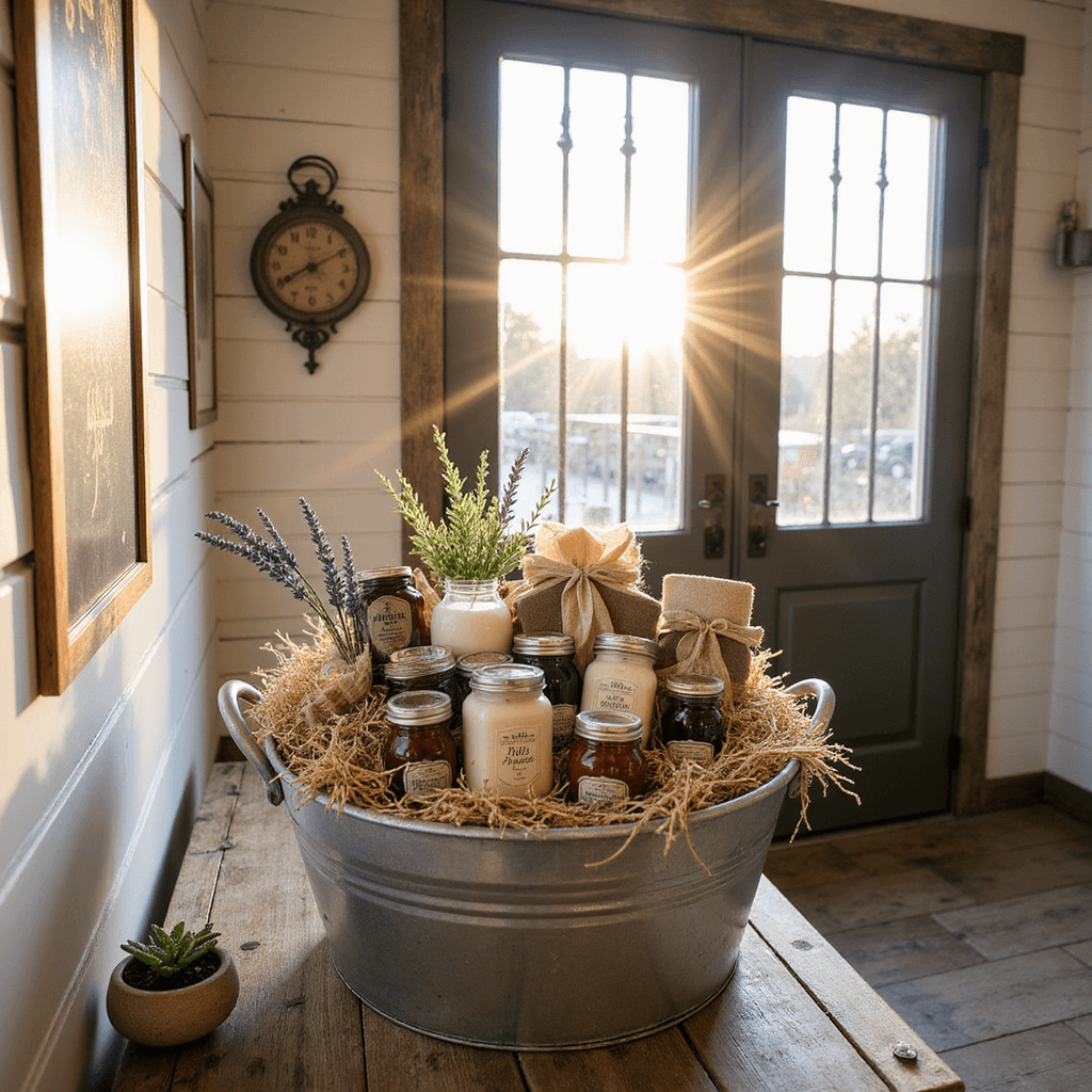 A rustic farmhouse entryway features shiplap walls and a reclaimed barn door, illuminated by golden hour sunlight filtering through a wrought iron window. In the center, a weathered wooden console table displays a 'Cozy Farmhouse Basket' overflowing with mason jars of homemade preserves, hand-poured candles, and artisanal soaps, accented by sprigs of dried lavender and wheat. The color palette includes muted creams, soft greys, and touches of sage green, with a vintage scale and small potted succulents nearby.