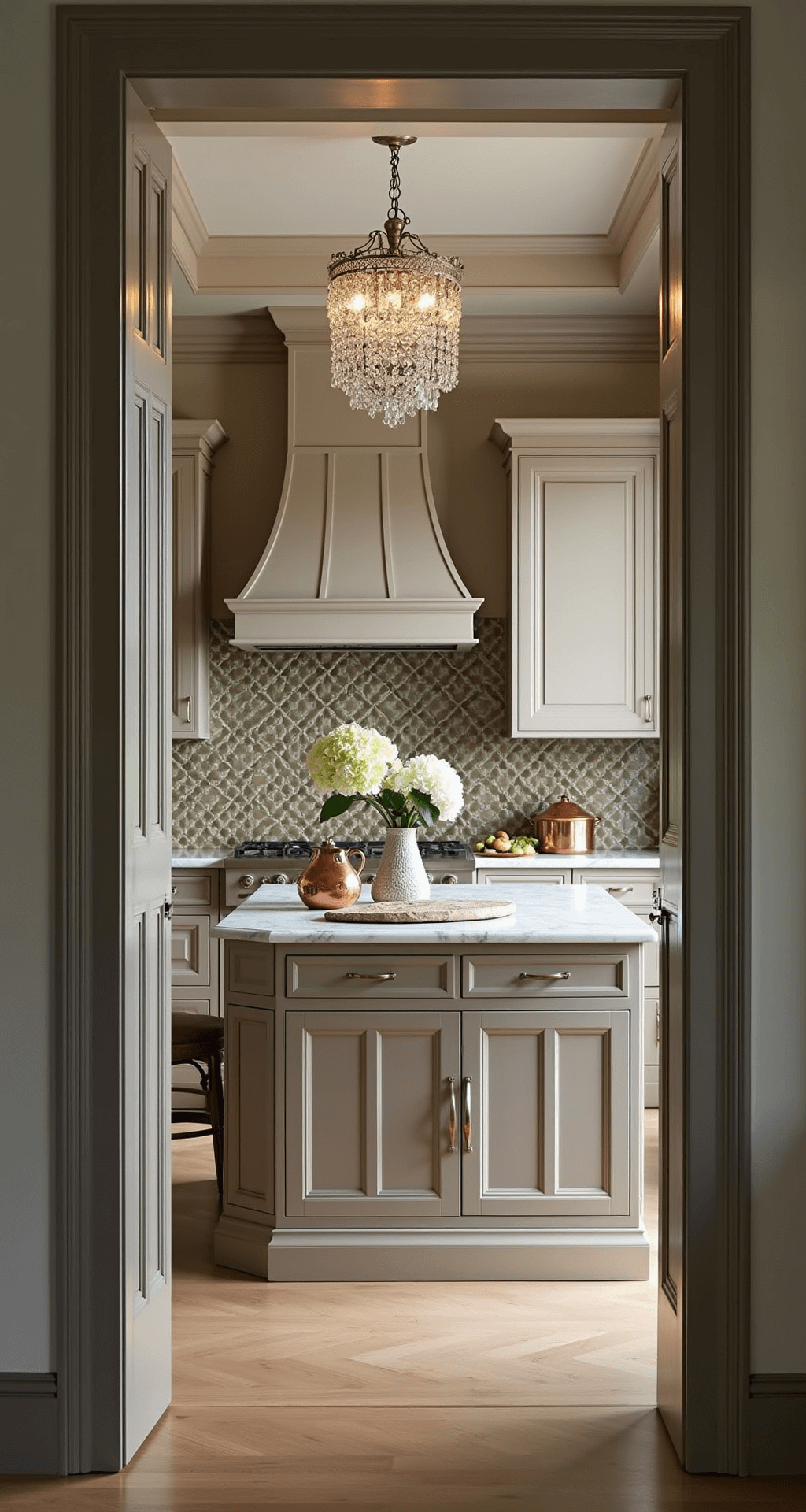 Traditional kitchen with taupe raised-panel cabinets, coffered 9ft ceilings, and a crystal chandelier. Luxurious Calacatta gold marble counters, an antiqued mirror backsplash, copper pots, fresh hydrangeas, and vintage silver accessories are featured, all illuminated by dramatic afternoon lighting.
