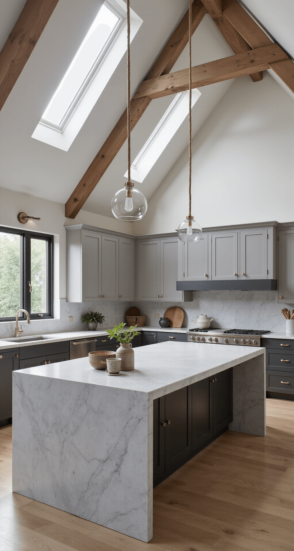 Contemporary open-plan kitchen featuring two-tone taupe cabinets with cathedral ceiling and exposed beams, large island with waterfall quartzite countertop, styled with modern ceramics and minimalist greenery, illuminated by natural skylight.