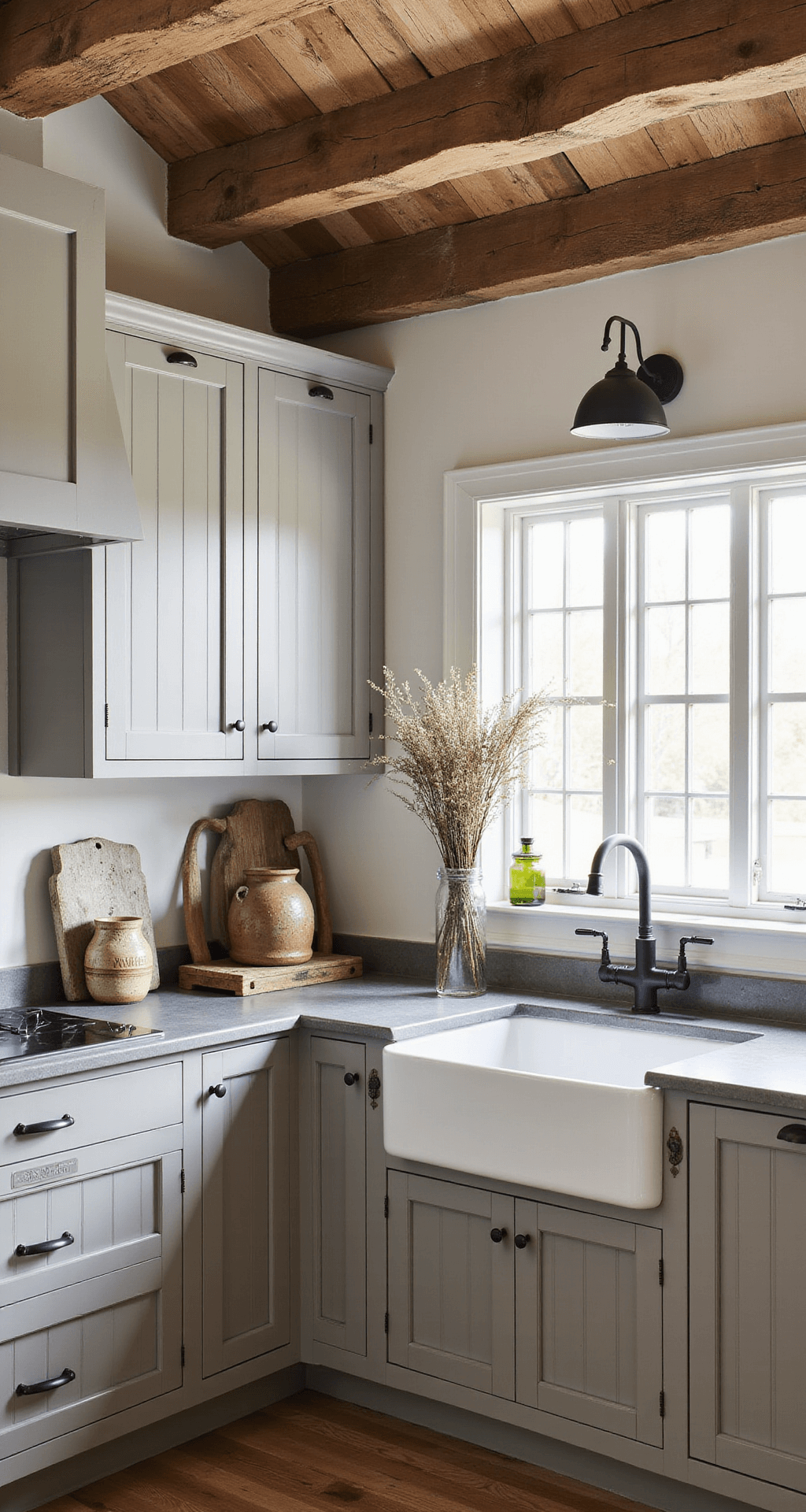 A cozy farmhouse kitchen with taupe beadboard cabinets and black iron hardware, featuring a 10ft ceiling with rough-hewn wooden beams. The scene includes soapstone counters, a white ceramic farmhouse sink, and rustic decor such as vintage scales, earthenware crocks, and dried herbs, illuminated by morning light streaming through mullioned windows.