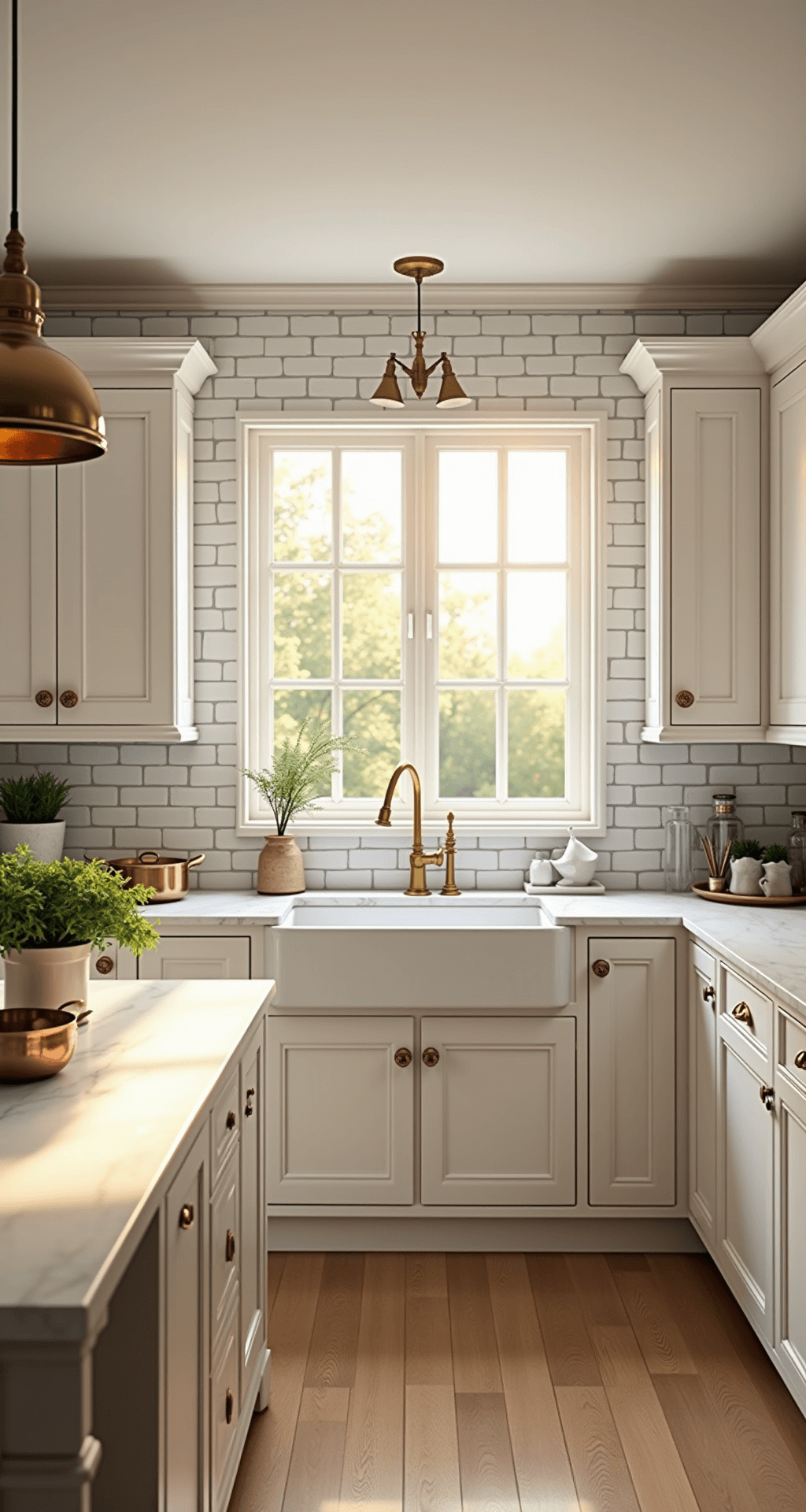 A wide-angle shot of a modern kitchen featuring classic white shaker cabinets, a subway tile backsplash in herringbone pattern with light gray grout, and cream quartz countertops. The space includes a center island with a marble waterfall edge, large windows letting in warm golden hour sunlight, brass hardware, and pendant lights. Natural oak flooring adds warmth, while copper cookware and fresh herbs in white ceramic pots enhance the styling. Professional lighting highlights the tile texture and cabinet details.