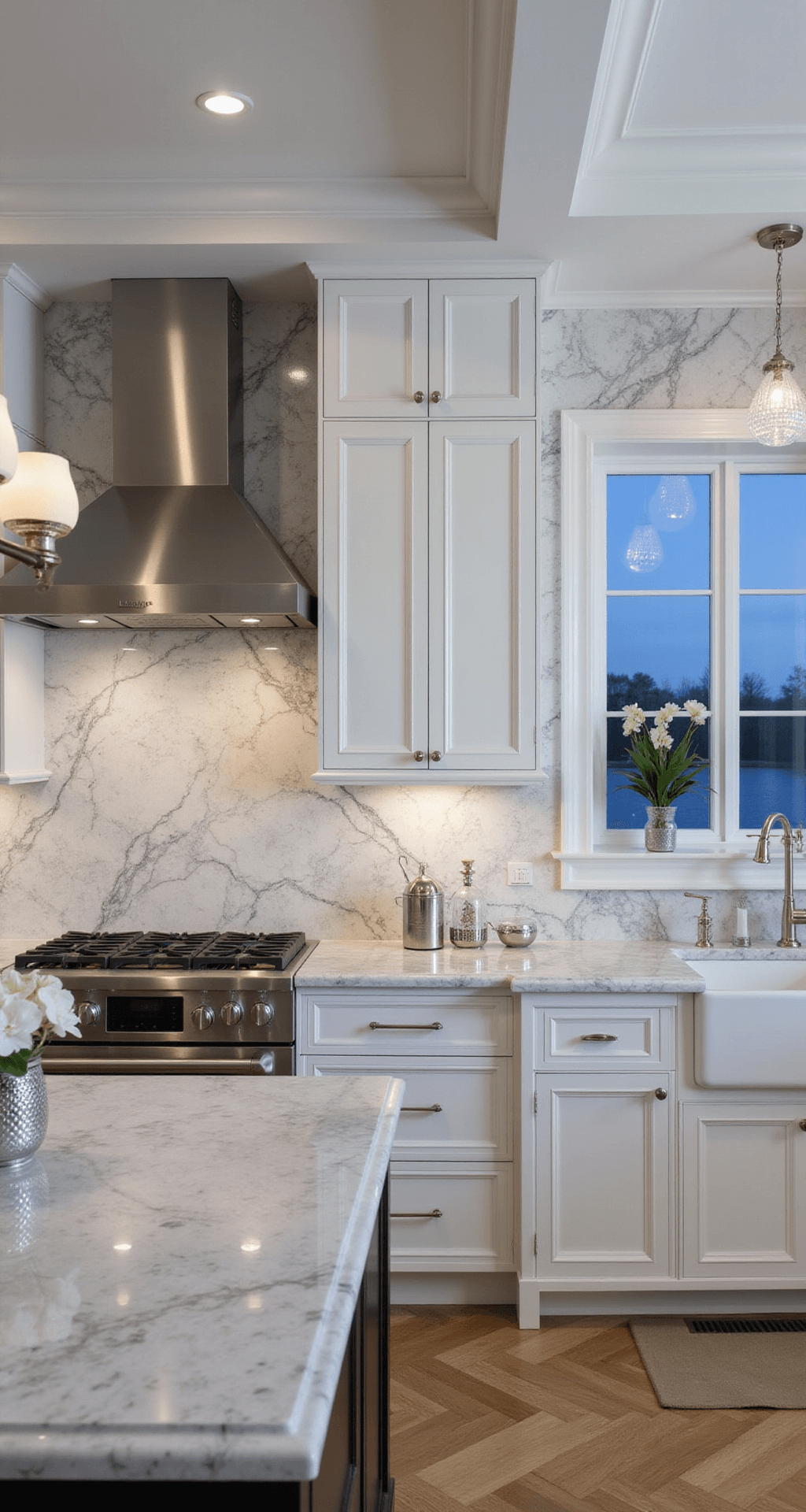 Luxurious kitchen with white inset cabinets and dramatic Calacatta marble backsplash, coffered ceilings, oversized marble slabs, polished nickel fixtures, custom brushed stainless range hood, and a matching marble countertop island, all captured during blue hour with side lighting highlighting the marble's texture and white oak herringbone floors providing contrast. Styled with silver candlesticks, white orchids, and crystal decanters.