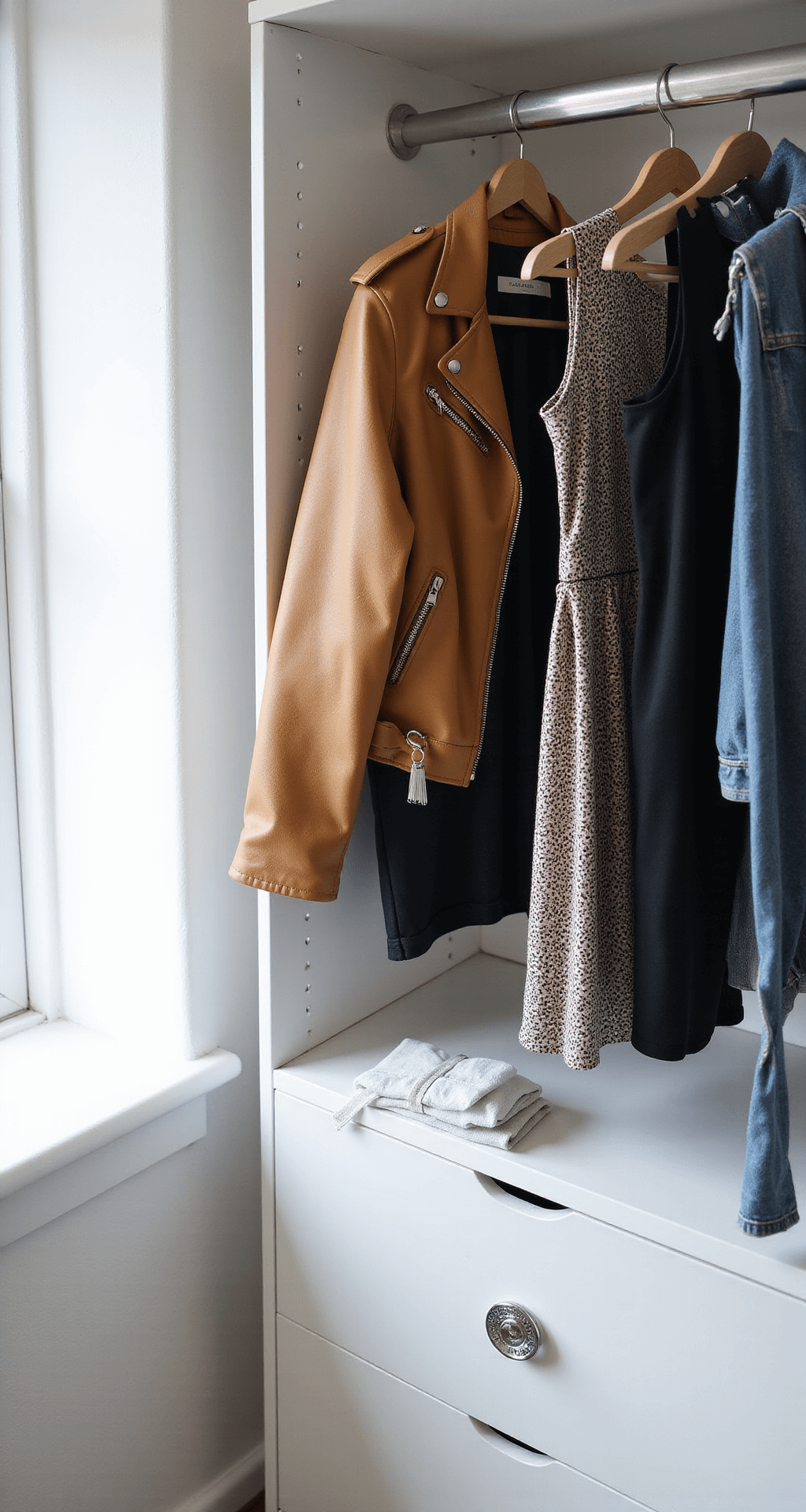 Close-up of a minimalist white bedroom wardrobe bathed in morning light, showcasing neatly arranged plus-size statement pieces including colored leather jackets, patterned bodycon dresses, and premium denim. The image emphasizes texture contrasts with luxe touches like crystal drawer handles and metallic hangers, captured in macro to highlight fabric details.