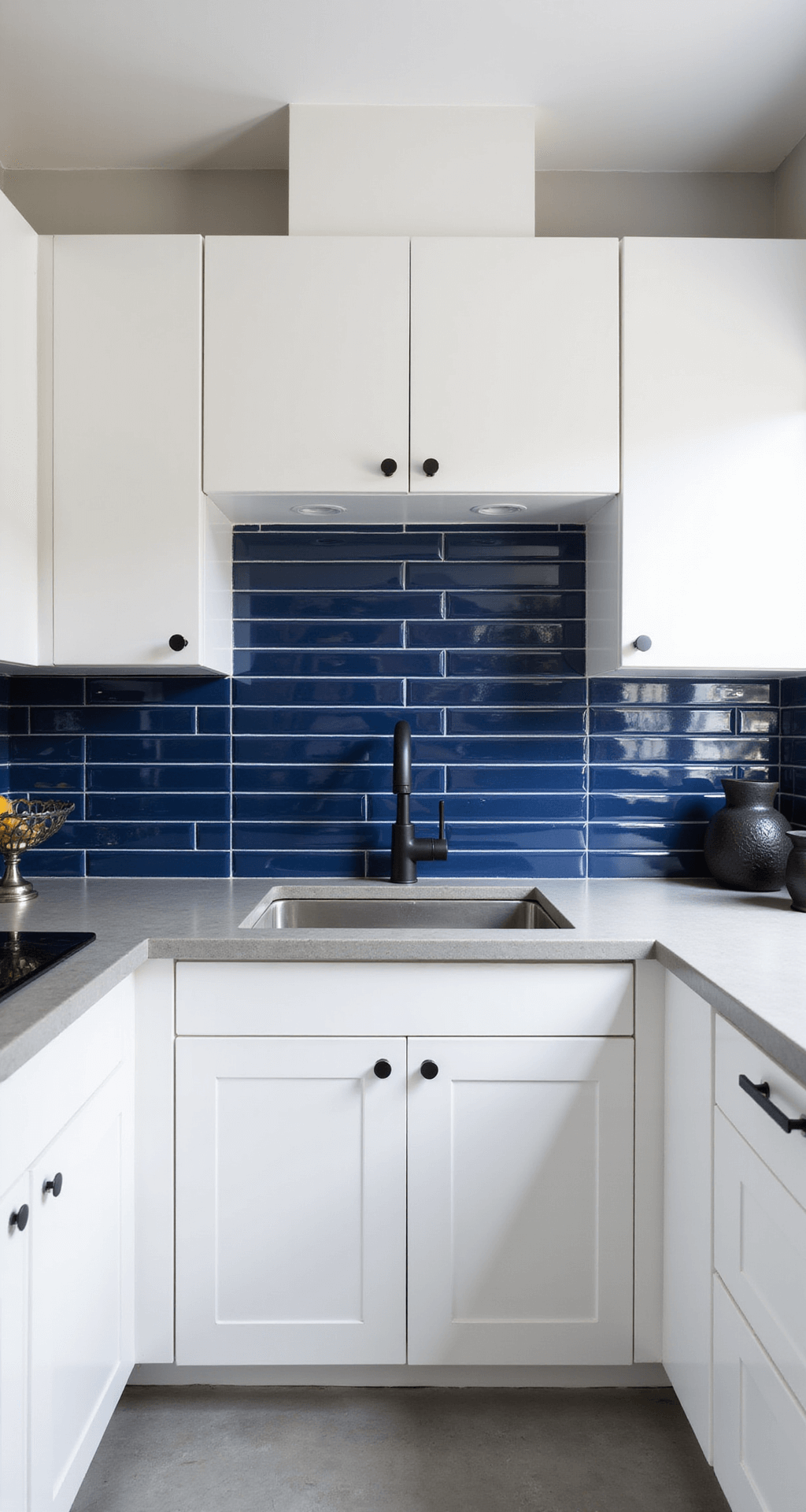 Contemporary kitchen featuring white flat-panel cabinets, a navy blue glass tile backsplash, and concrete countertops, with bright natural light highlighting geometric lines and minimal decor.