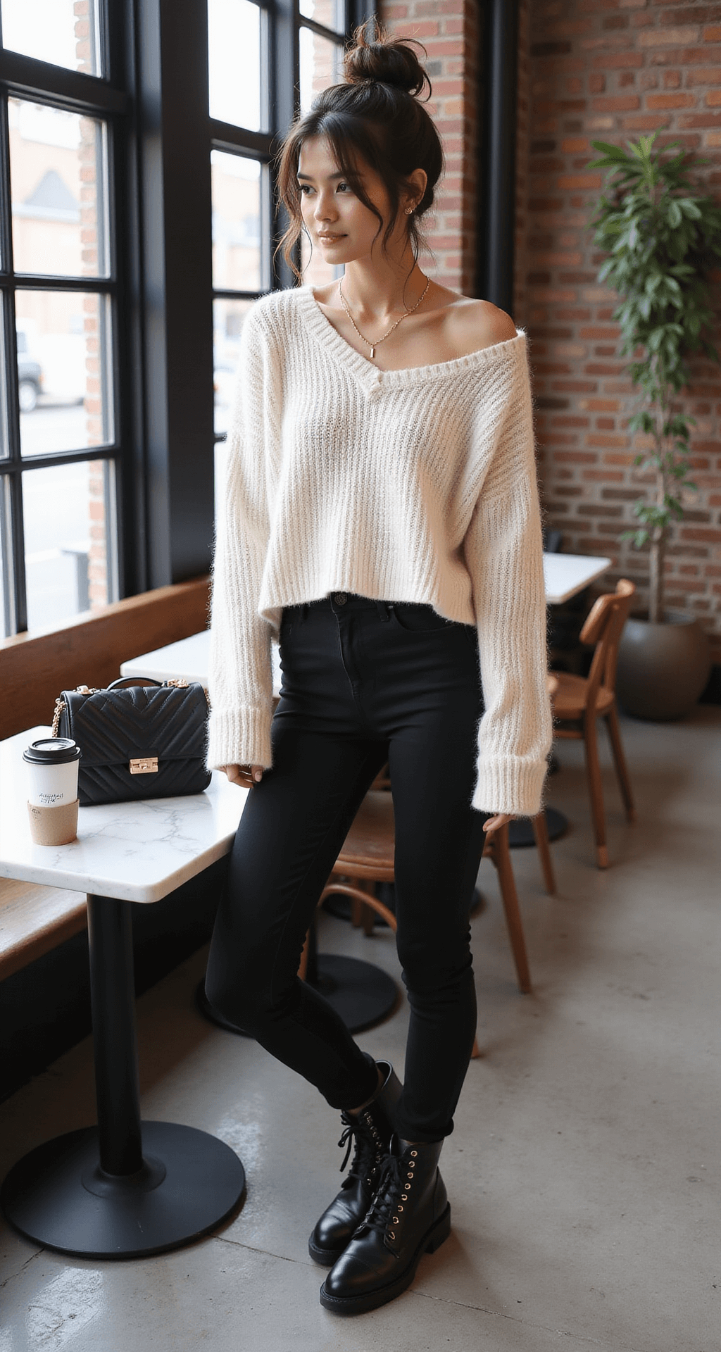 A model in a casual chic outfit sits in a modern industrial cafe with exposed brick and large windows, wearing high-waisted black leggings and an oversized cream knit sweater. She has a messy bun and minimal gold jewelry, with a coffee cup and designer bag on a marble table, all illuminated by natural diffused light.