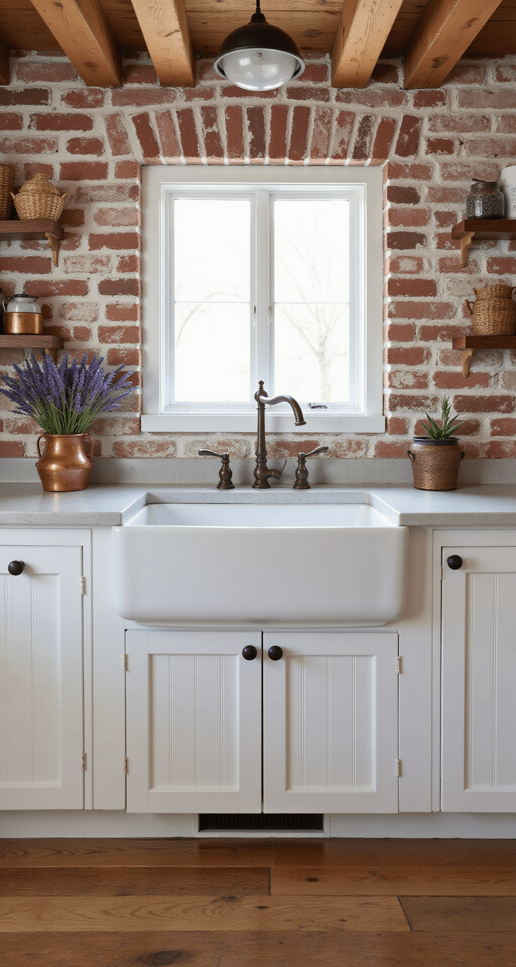 Farmhouse kitchen with white beadboard cabinets, reclaimed brick backsplash, exposed wooden beams, soapstone counters, vintage bronze fixtures, large farmhouse sink, and rustic wide-plank pine floors, styled with antique copper pots and dried lavender.