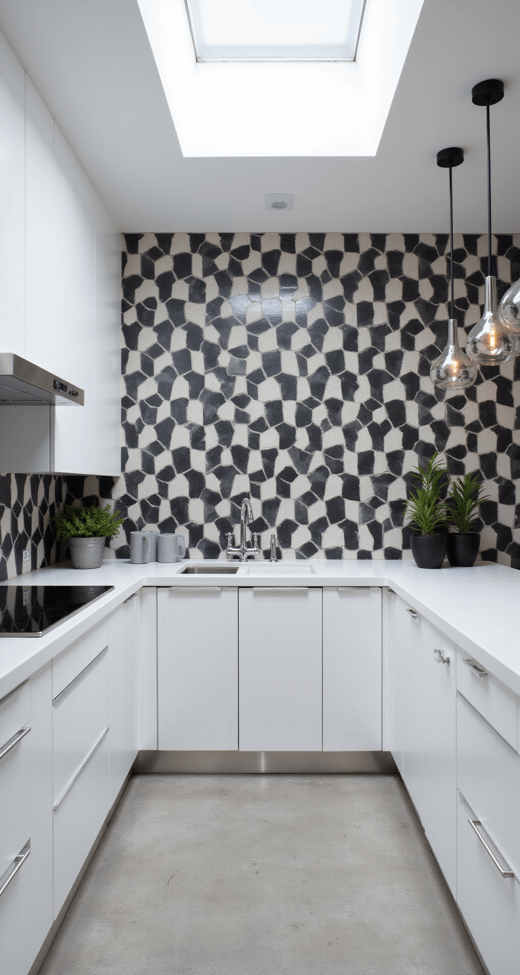 Modern geometric kitchen featuring white flat-front cabinets, a black and white hexagonal tile backsplash, and stark white quartz countertops, illuminated by strong overhead lighting and a skylight, with a focus on a dramatic pattern created by large-scale matte black and glossy white hex tiles, complemented by chrome fixtures and accessories.