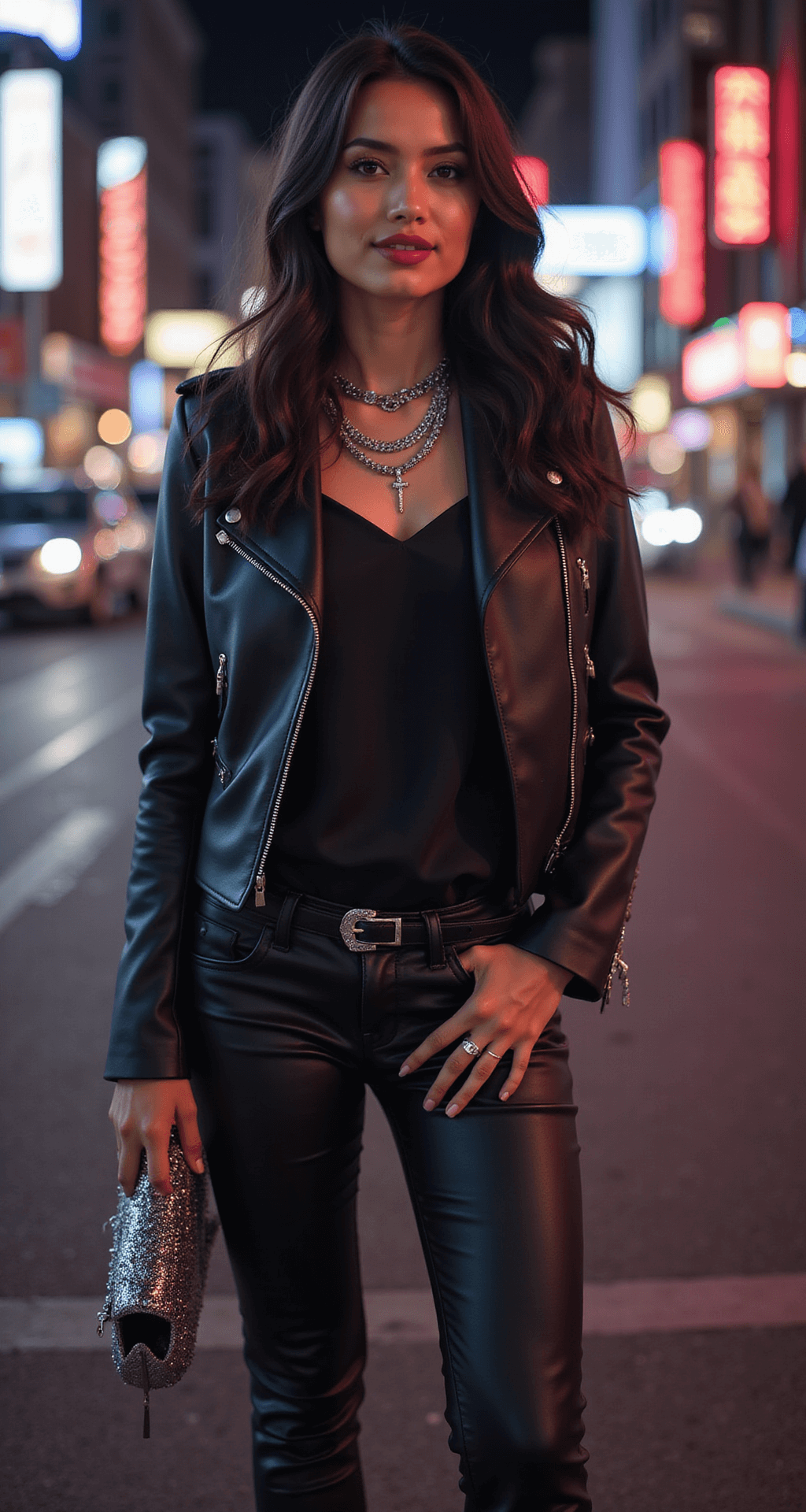 A model in an all-black outfit featuring leather pants, a silk camisole, and a studded moto jacket stands against a vibrant downtown nightlife backdrop illuminated by neon lights. She accessorizes with statement boots, a metallic clutch, and layered silver necklaces, her hair sleek and straight, complemented by a bold red lip. The urban scene captures the bokeh effect of city lights, emphasizing the ambient night photography settings.