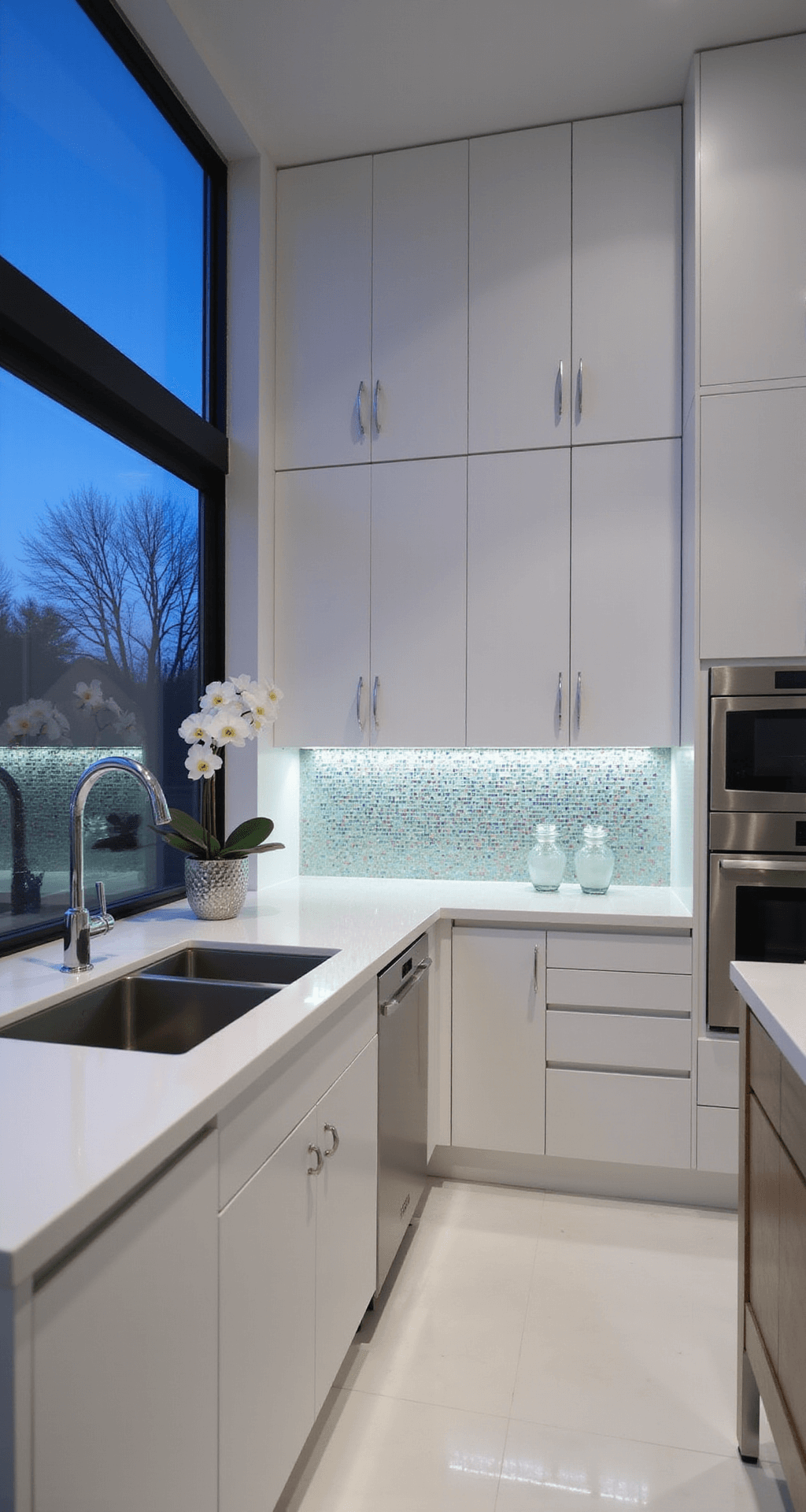 A minimalist kitchen at twilight featuring handleless white cabinets, an iridescent glass mosaic backsplash, and floor-to-ceiling windows. The room is illuminated by LED under-cabinet lighting, showcasing stainless steel appliances, clear glass vessels, and white orchids, with pure white epoxy floors reflecting the glowing colors of the tiles.