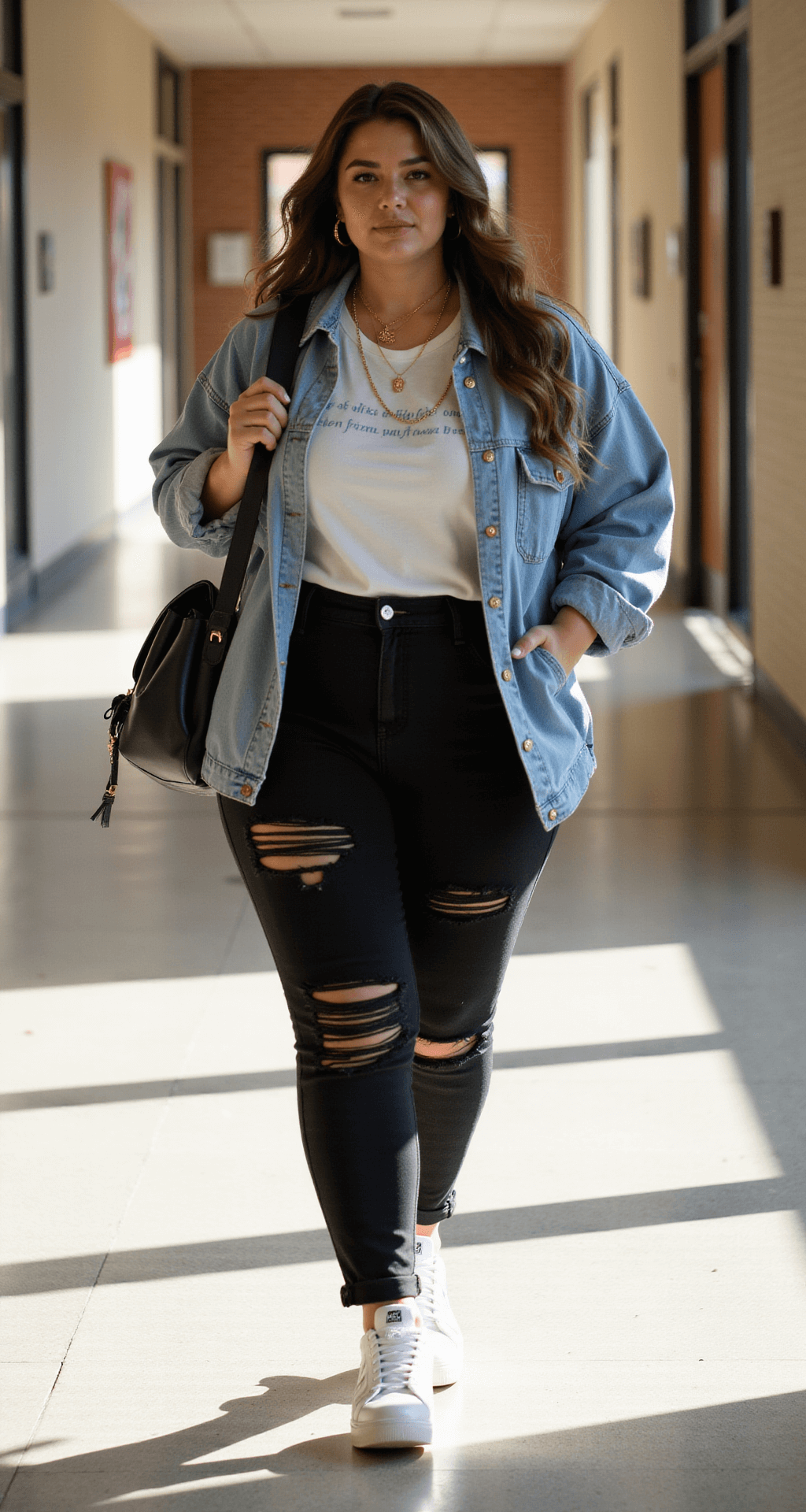 A confident plus-size student strides through a sunlit high school hallway, wearing high-waisted black distressed jeans, a fitted white graphic tee, and an oversized light wash denim jacket. She's styled with chunky white Nike Air Force 1s, layered gold necklaces, and carries a black leather backpack. The natural light filtering through the corridor windows enhances the cinematic glow of the scene.