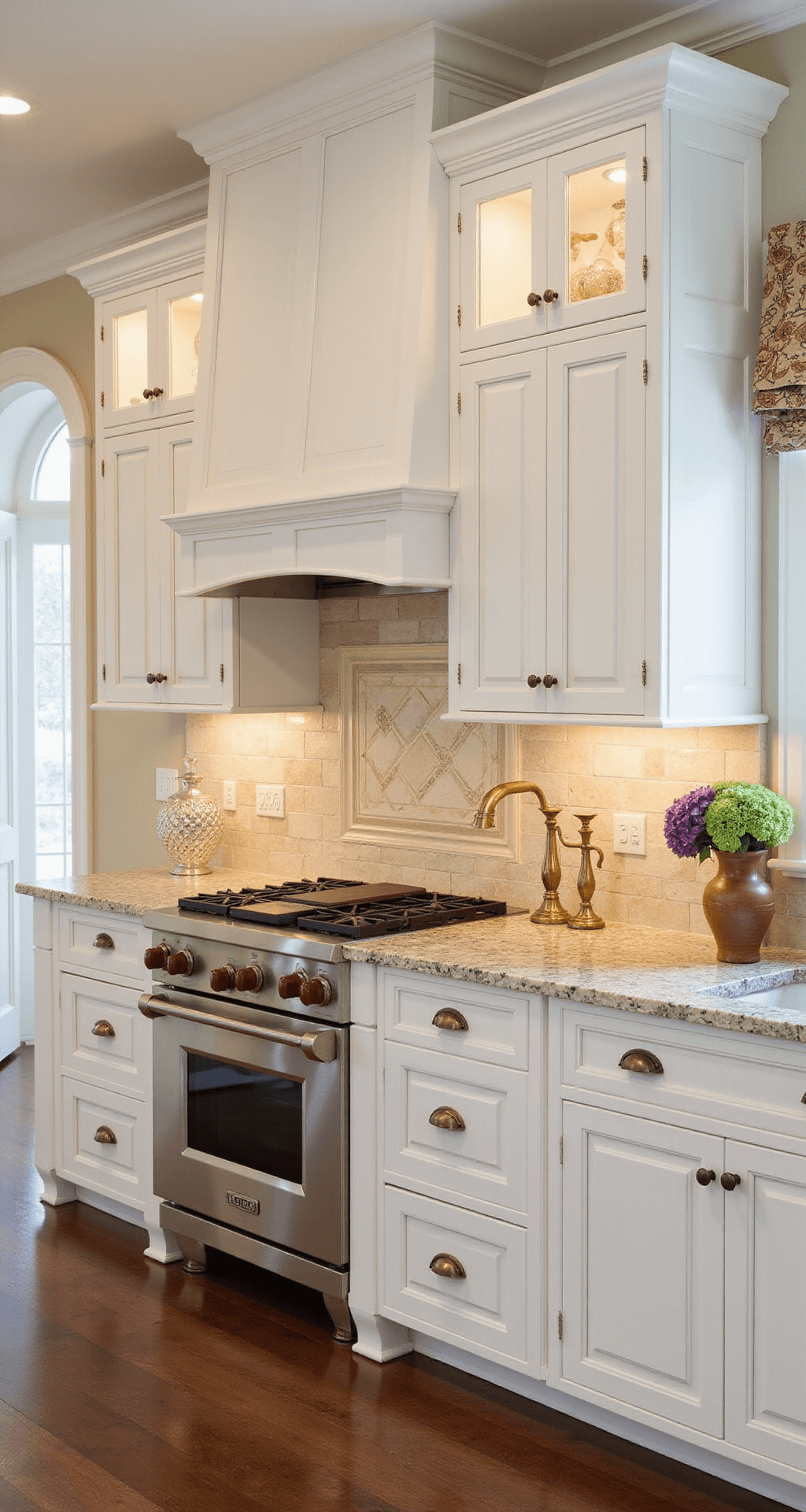 Traditional kitchen with white raised-panel cabinets, natural stone backsplash, tumbled limestone tiles, speckled granite countertops, antique brass fixtures, and decorative range hood, captured in soft morning light, showcasing rich Brazilian cherry floors and styled with brass candlesticks, pottery, and fresh flowers.