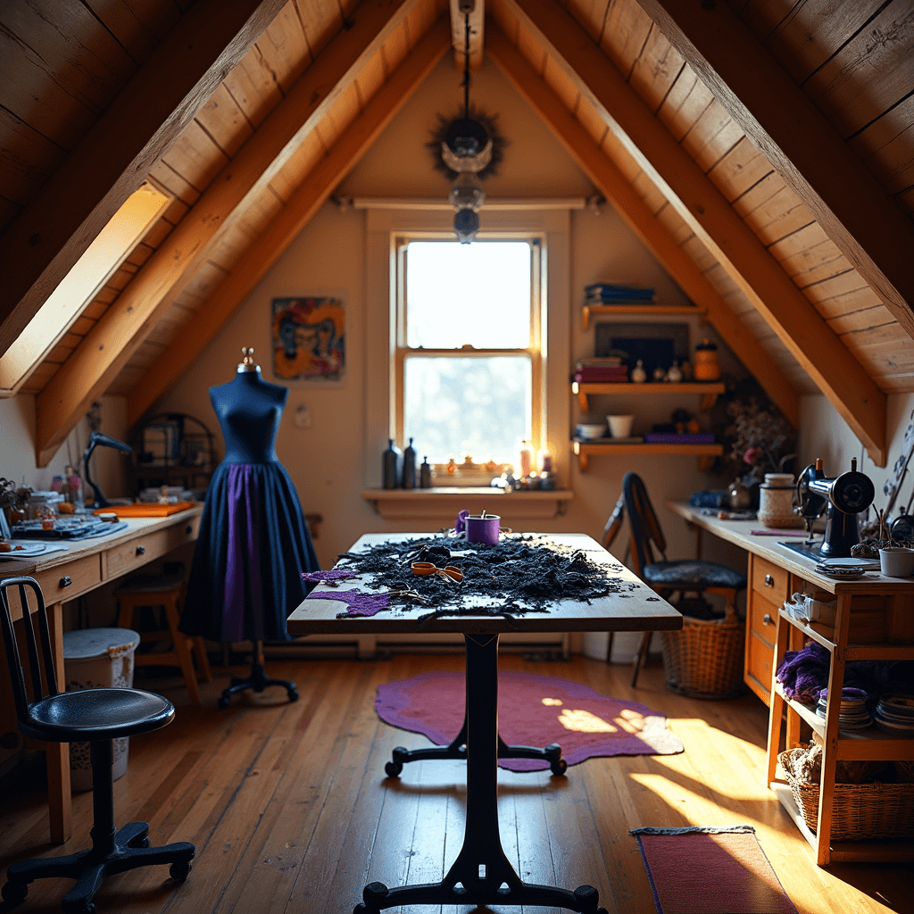 A cozy attic craft room filled with warm autumn tones, showcasing a worktable covered in fabric scraps, scissors, and thread, with sunlight filtering through a dormer window, and a dress form displaying a half-finished witch costume.