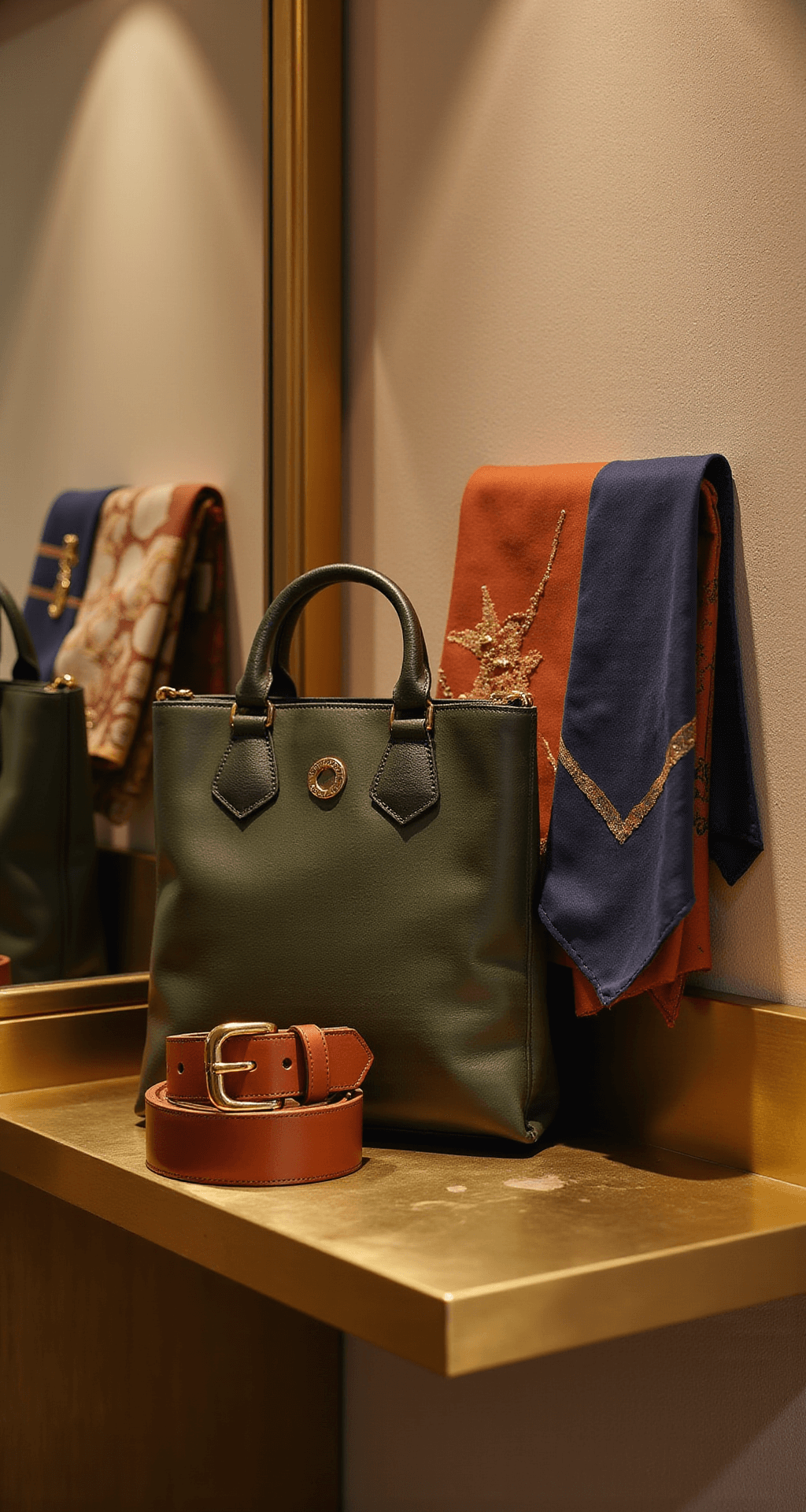 Close-up of a modern boutique dressing room featuring a cognac leather belt, gold-toned minimal jewelry, a square silk scarf in navy and rust print, and a structured deep olive leather bag, all arranged on a brushed brass shelf against a textured wall, highlighting material details and craftsmanship.