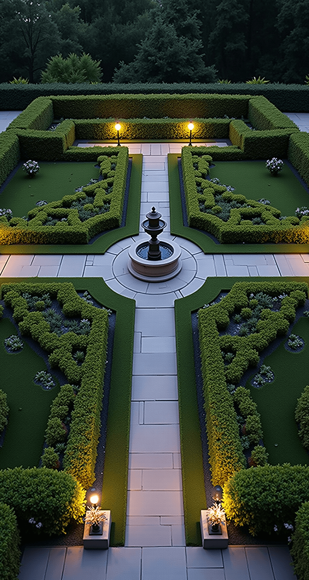 Overhead view of a 25'x25' formal garden courtyard at twilight, featuring a large aged bronze urn fountain at the center, surrounded by symmetrical pathways and geometric boxwood parterre, softly illuminated by garden lighting.