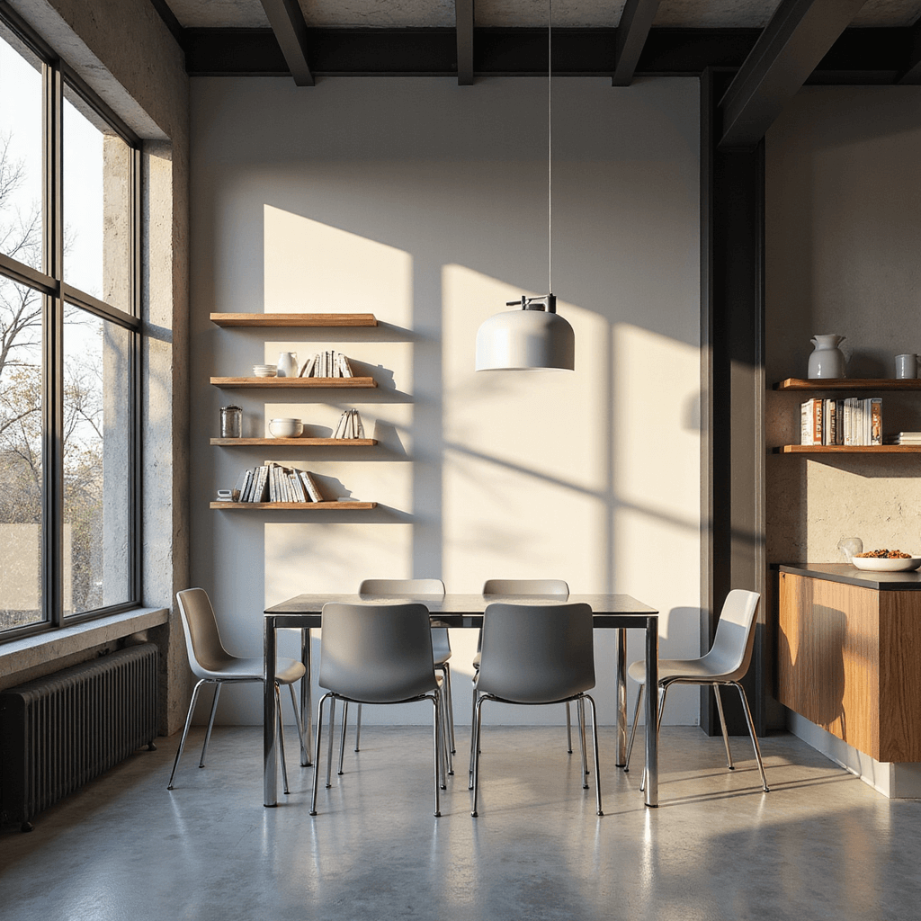 An overhead view of a stylish 8x10ft dining area featuring a glass extendable table with chrome details, soft gray stackable chairs, and geometric shadows from steel-framed windows. One wall has floating walnut shelves with white ceramics and cookbooks, illuminated by a minimalist white pendant light. The space includes concrete-look tiles and a matte black structural column for an industrial touch, complemented by diffused overhead lighting.