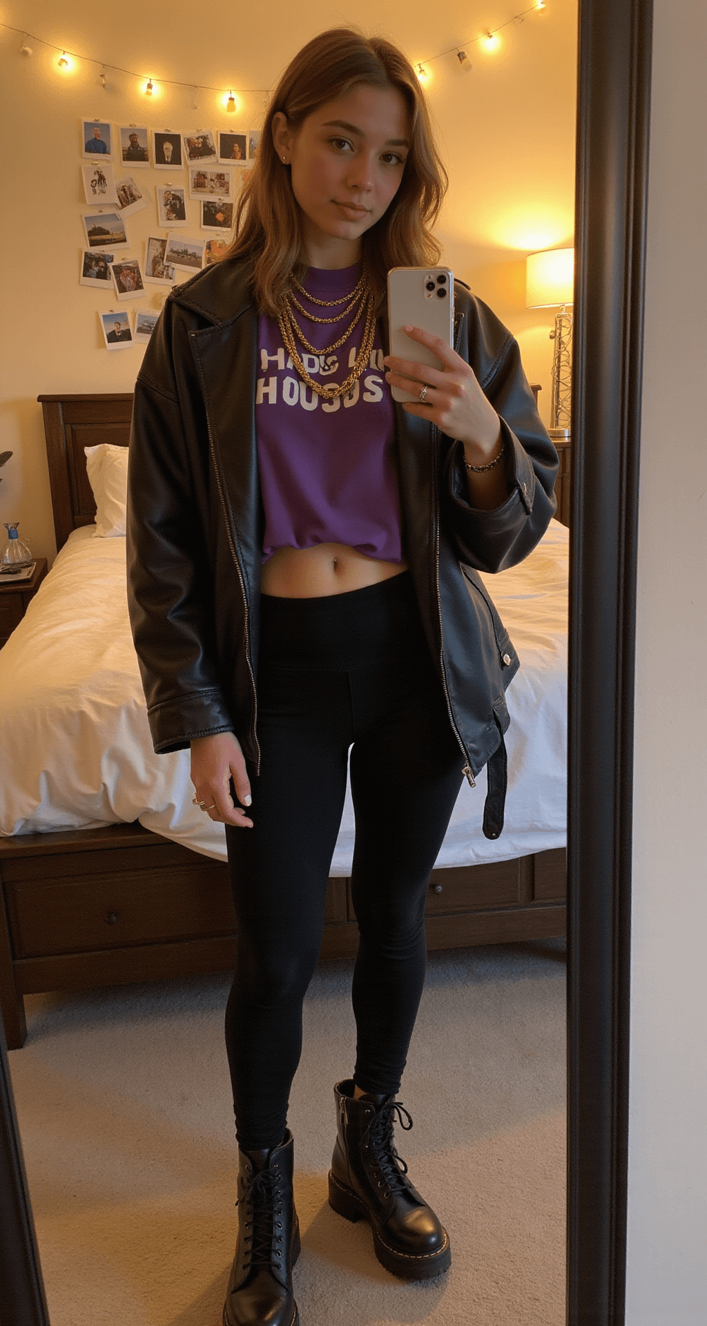 A cozy bedroom during golden hour featuring a subject in black high-waisted leggings, an oversized purple graphic sweatshirt, and a leather jacket over the shoulders. The subject takes a mirror selfie with an iPhone, displaying multiple gold chains that catch the warm light, along with combat boots. The background is adorned with fairy lights and polaroid photos, all illuminated by soft, warm lighting for an intimate atmosphere.