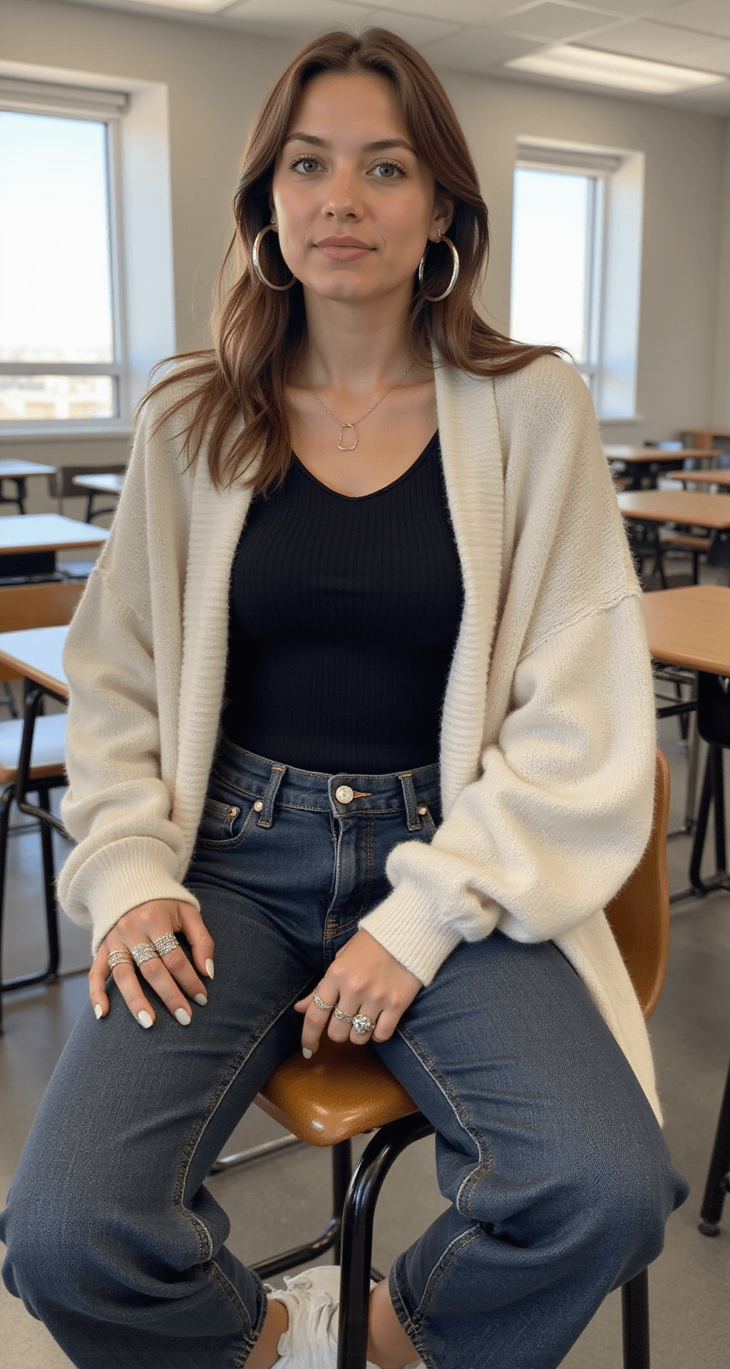 A student in a bright classroom sits at a desk, wearing a fitted black bodysuit layered under an oversized cream cardigan and dark wash high-waisted jeans. They sport statement silver hoop earrings and stacked rings, with loose waves in their hair. Clean white sneakers are visible under the desk, captured from a 45-degree angle that highlights the outfit details.
