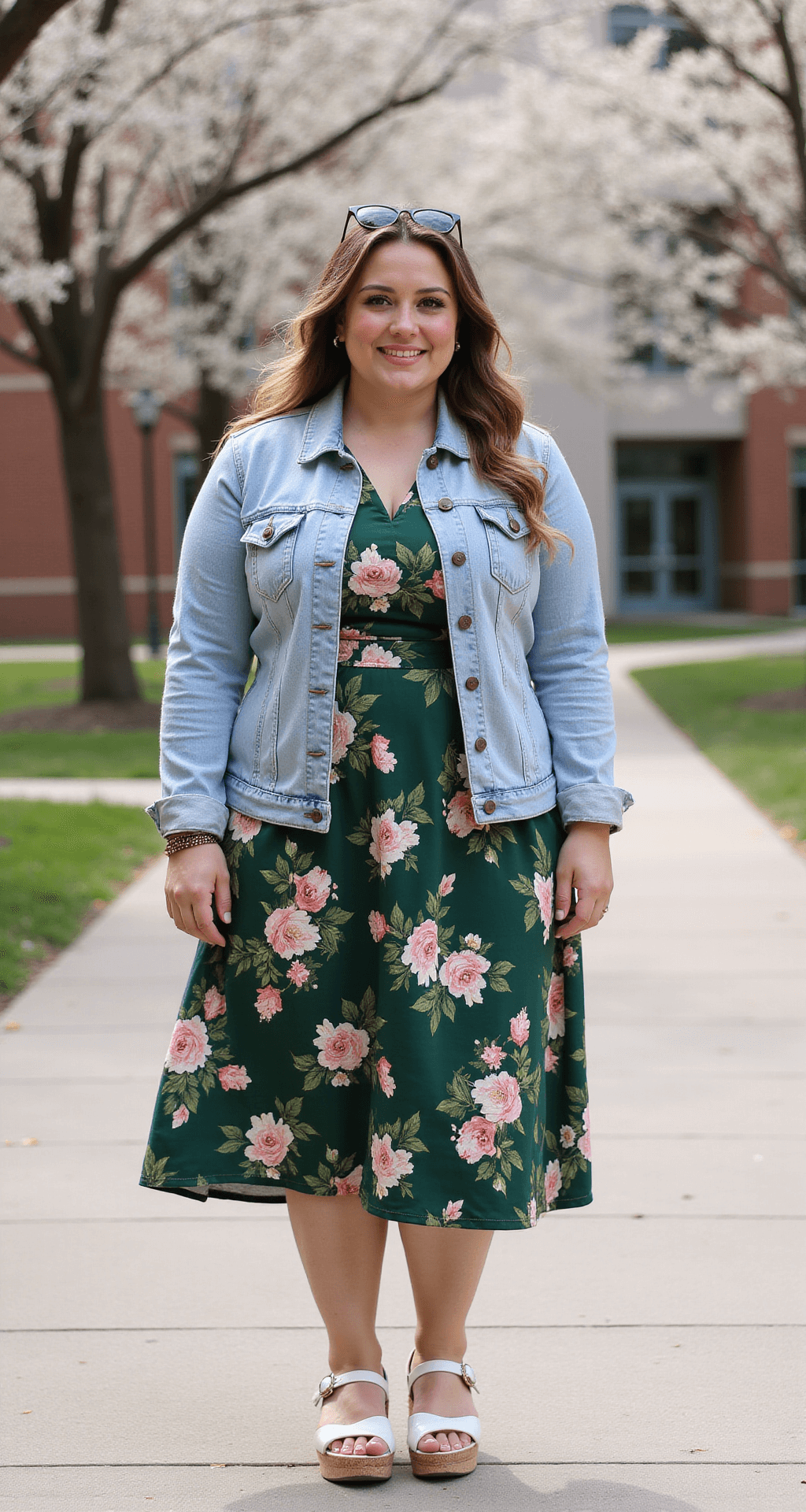 A plus-size individual in a deep green floral midi dress and light wash denim jacket stands in a sunny campus courtyard, with blooming trees and modern architecture in the background. Their hair flows in the breeze, and sunglasses rest on their head, while they wear white platform sandals. The photo is taken from street level in portrait orientation with natural backlighting.