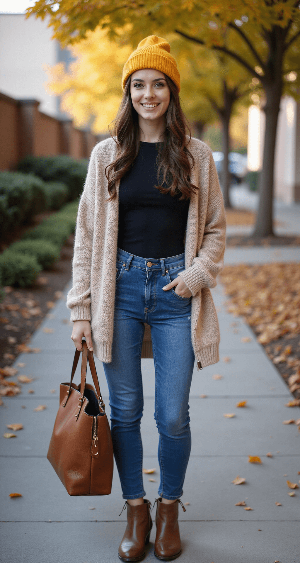 A student in high-waisted blue jeans, a fitted black bodysuit, and an oversized beige cardigan stands at an autumn school entrance in early morning light. They wear trendy brown ankle boots and a mustard yellow beanie, carrying a leather tote bag in the crook of their arm. Fallen leaves are visible in the background, with a bokeh effect enhancing the scene from a front three-quarter angle.