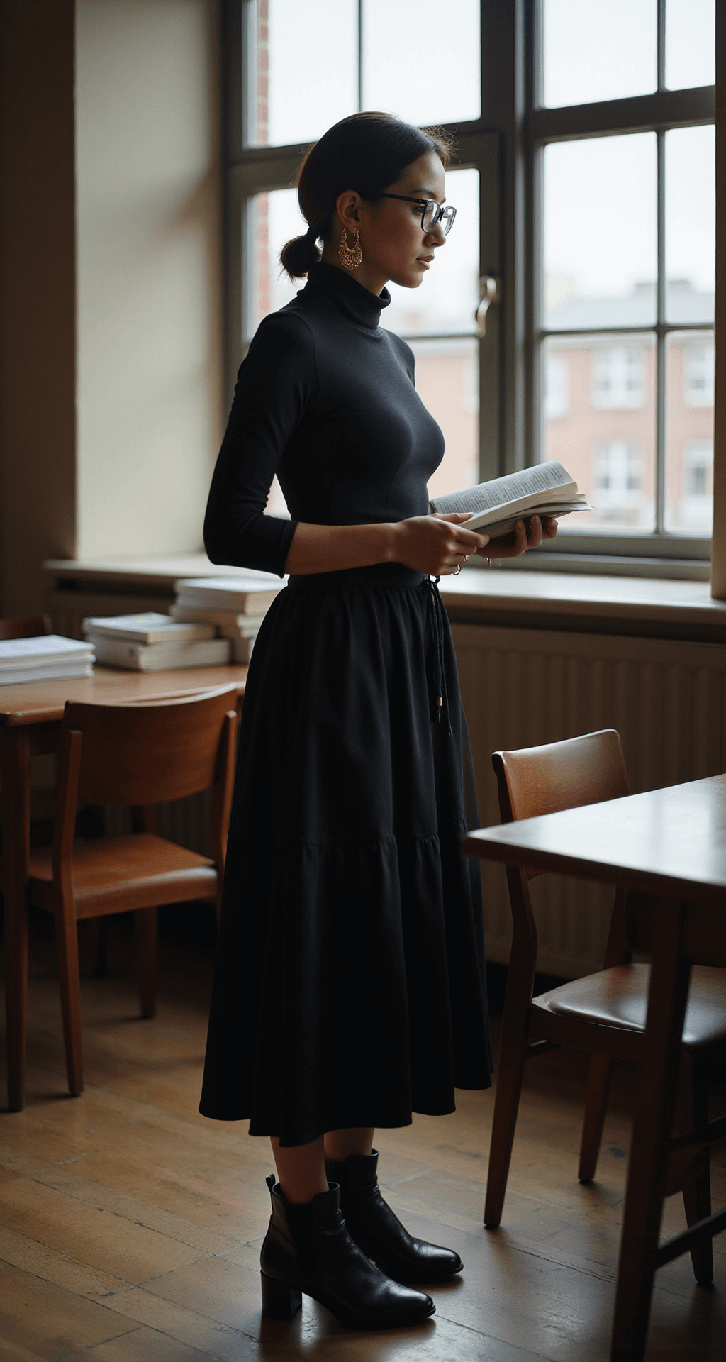 A student in a black midi dress layered over a white turtleneck, wearing chunky gold hoop earrings and black ankle boots, studies at a table in a school library. Textbooks are neatly arranged, and the warm afternoon light filters through large windows, enhancing the dark academia aesthetic. Reading glasses rest on their nose, capturing a focused study session.
