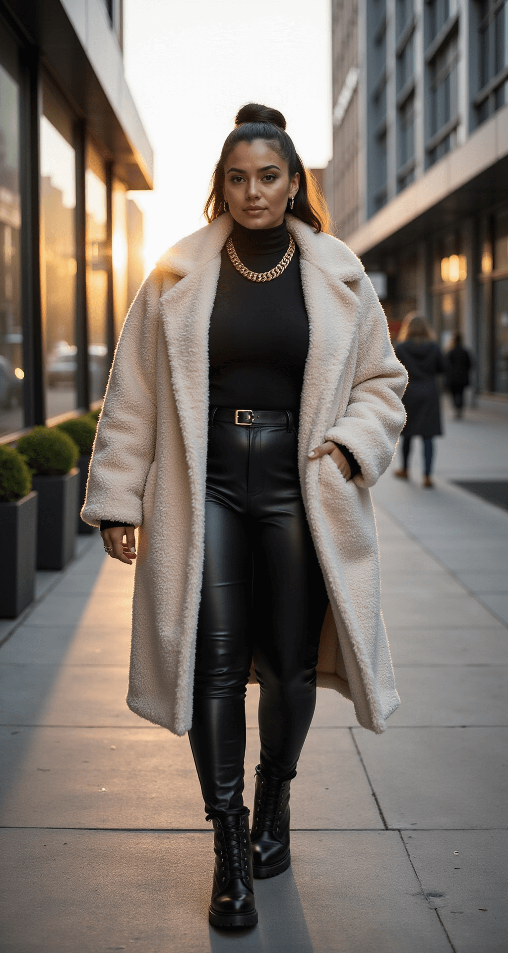 A confident plus-size model walks at an urban street corner during golden hour, wearing a luxurious cream teddy coat over black leather leggings and chunky black combat boots, with a fitted black turtleneck bodysuit and a gold chain necklace. Modern glass buildings loom in the background, softly blurred with bokeh effect, captured at eye level.